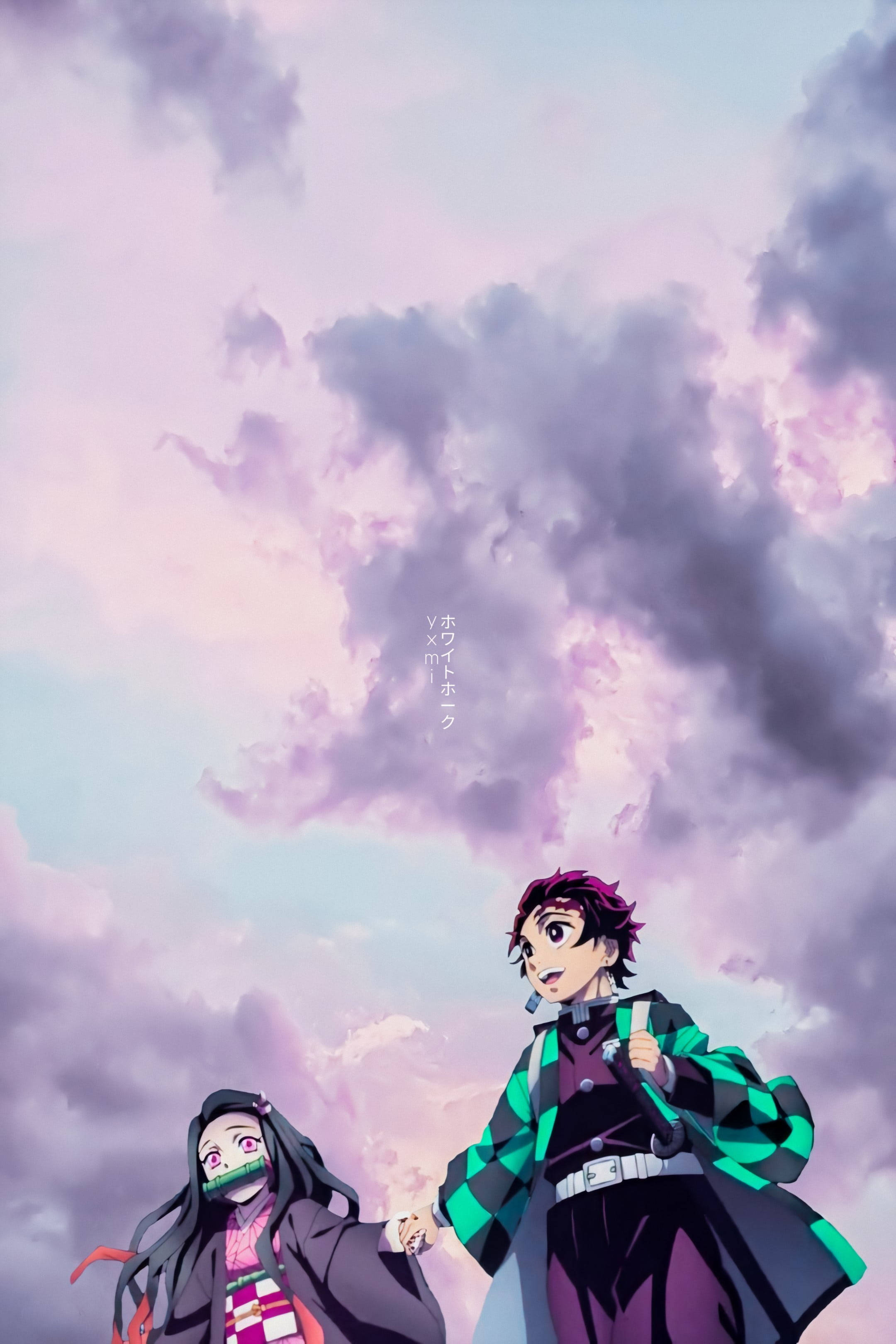 Tanjiro og Nezuko under skyet himmel Wallpapers