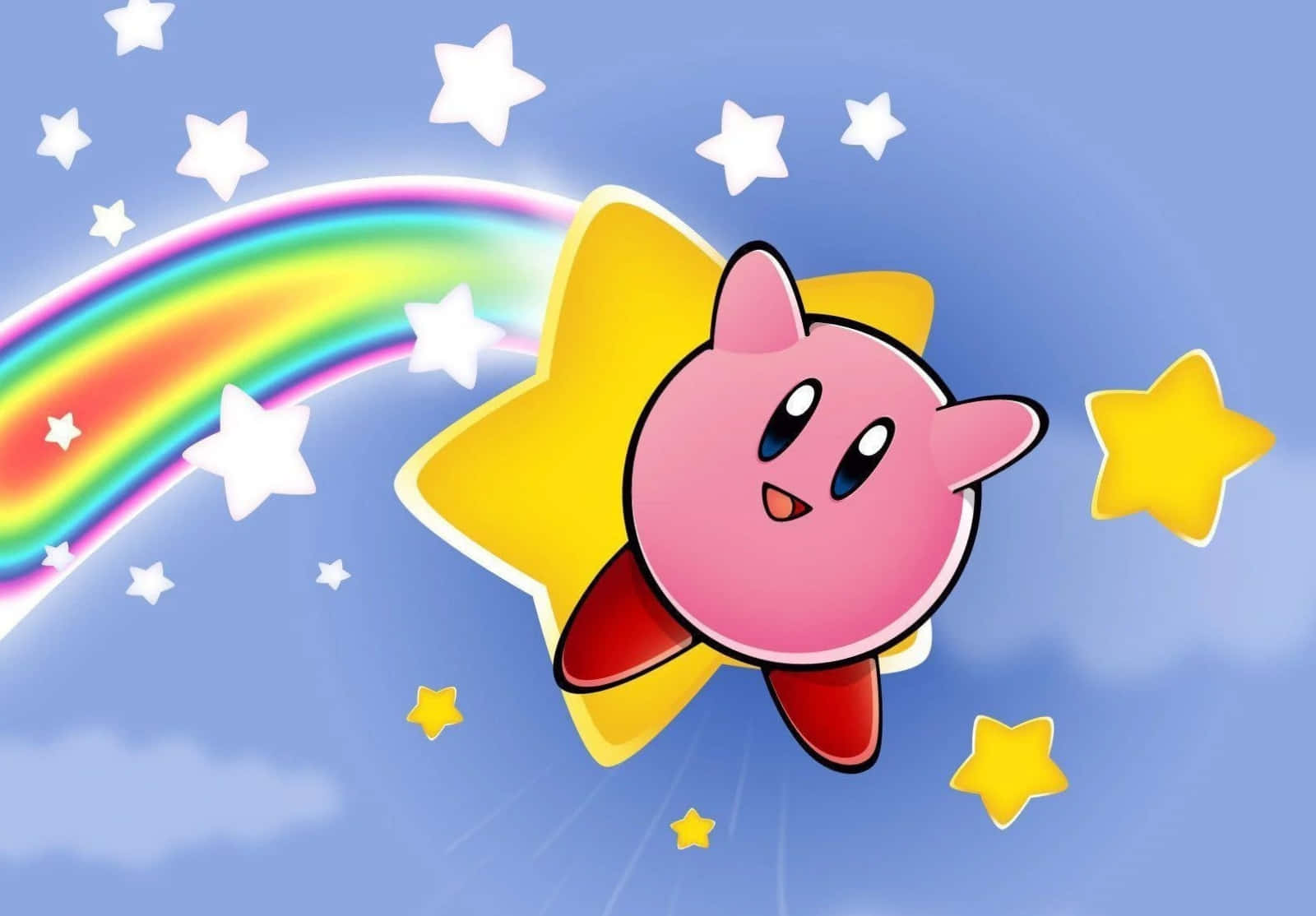 Tegnefilmsfiguren Kirby flyver gennem et farverigt landskab Wallpapers