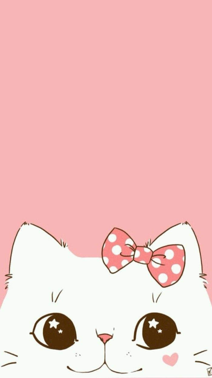 Tegneserie hvid kat lyserødt bånd Wallpapers