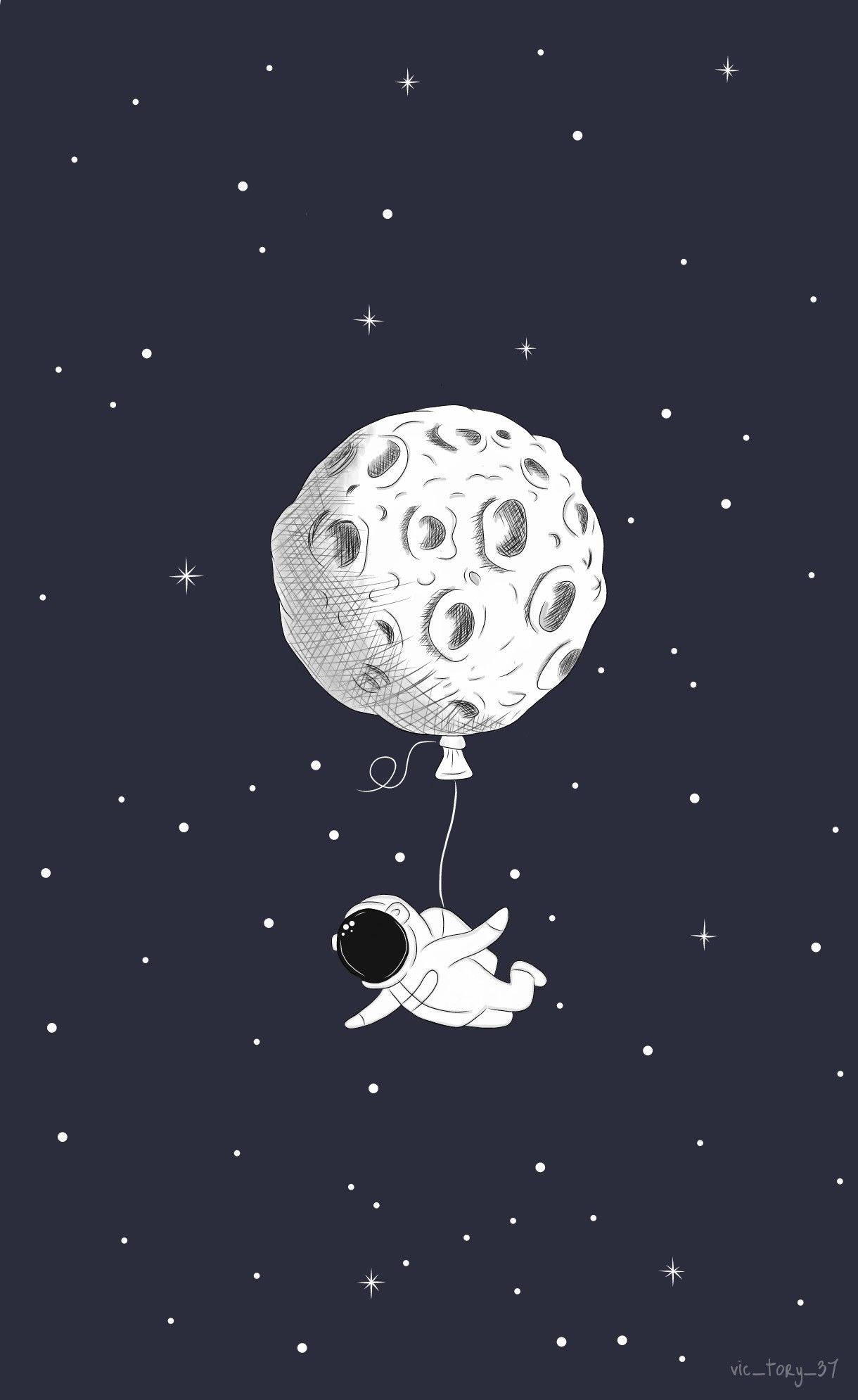 Tegneserieastronaut og en måneballon Wallpapers