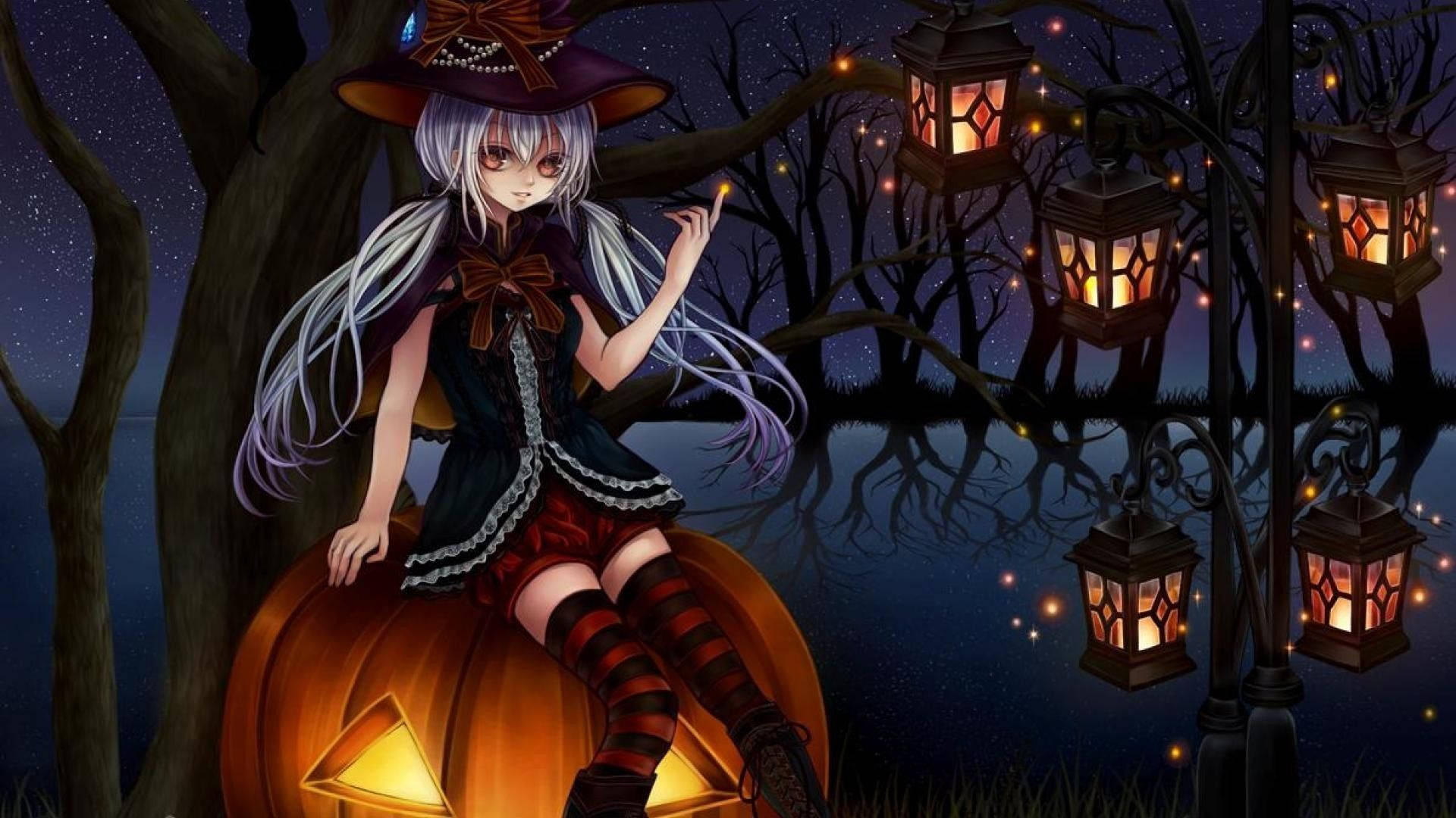Tegneseriepige til Halloween på græskar Wallpapers