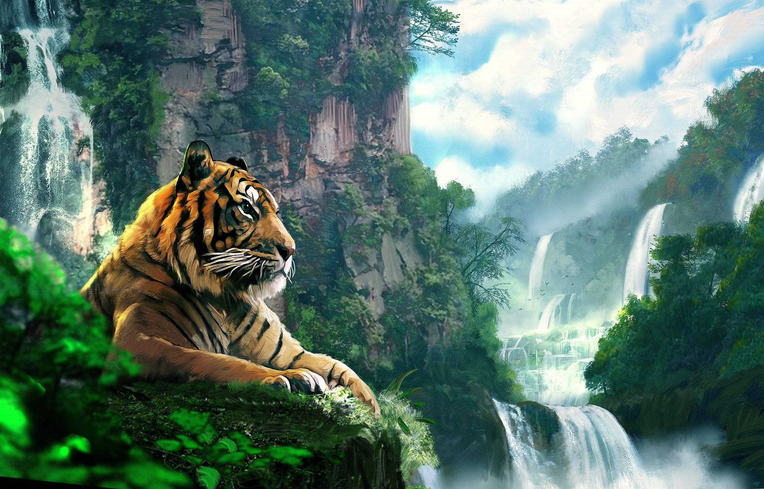 Tiger ved vandfald maleri Wallpapers
