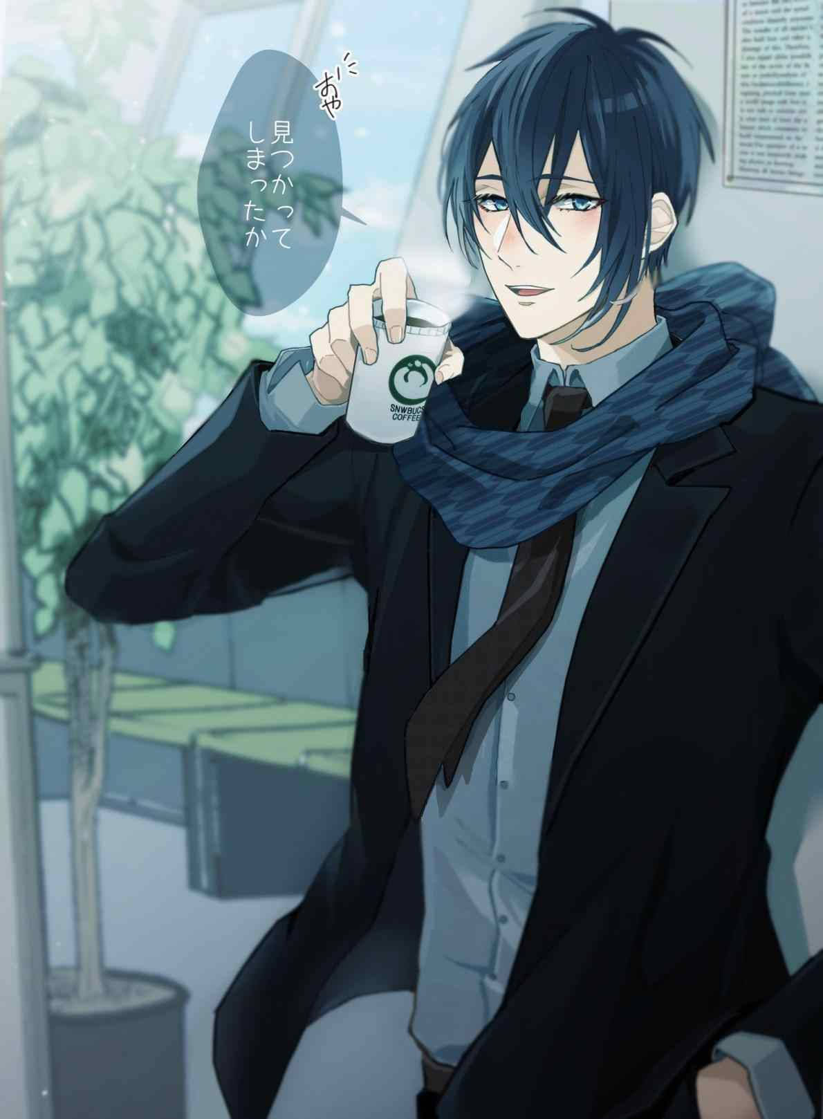 Tilfreds anime dreng nyder en kop kaffe Wallpapers