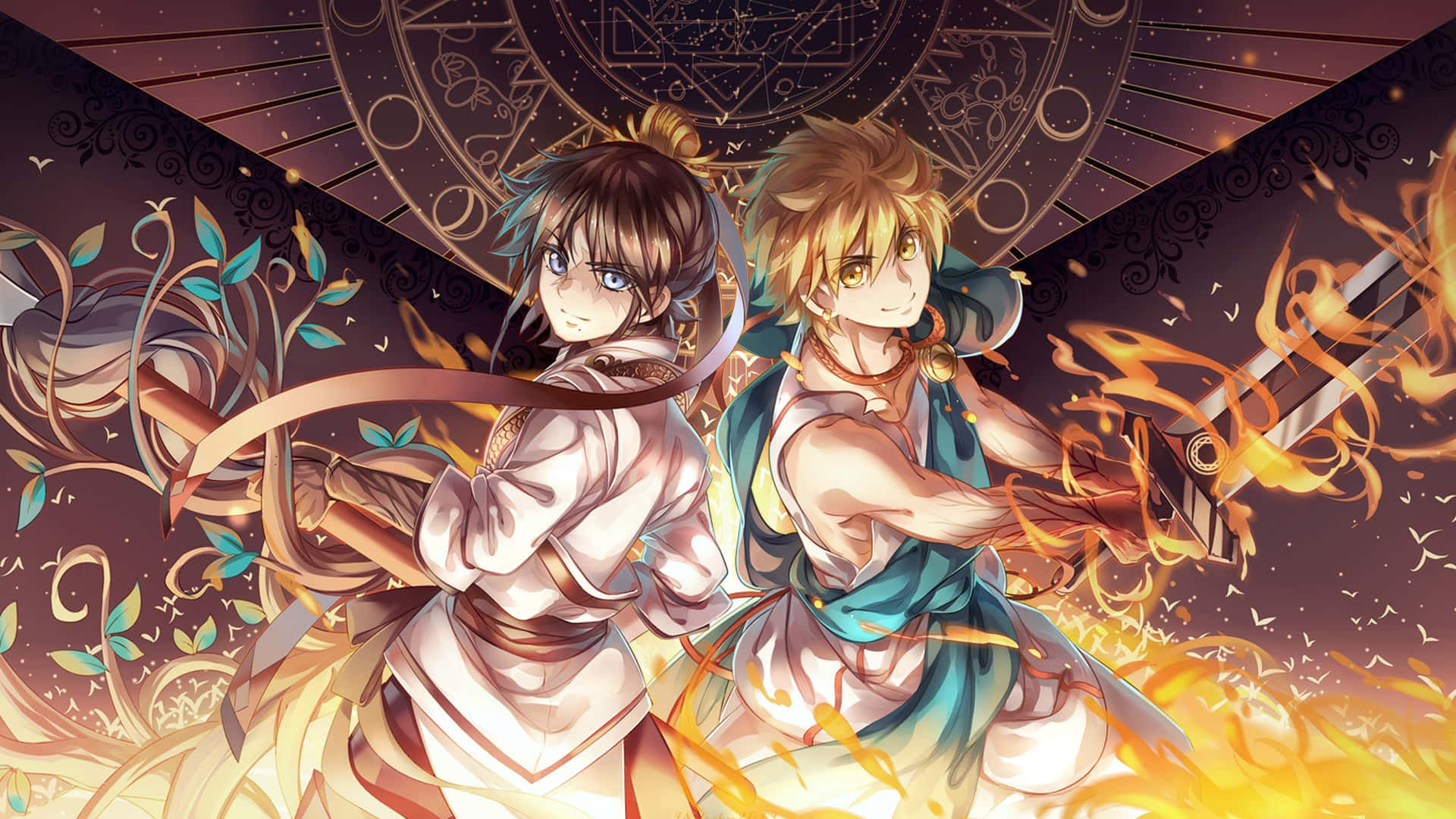 to anime-karakterer står foran ild Wallpapers