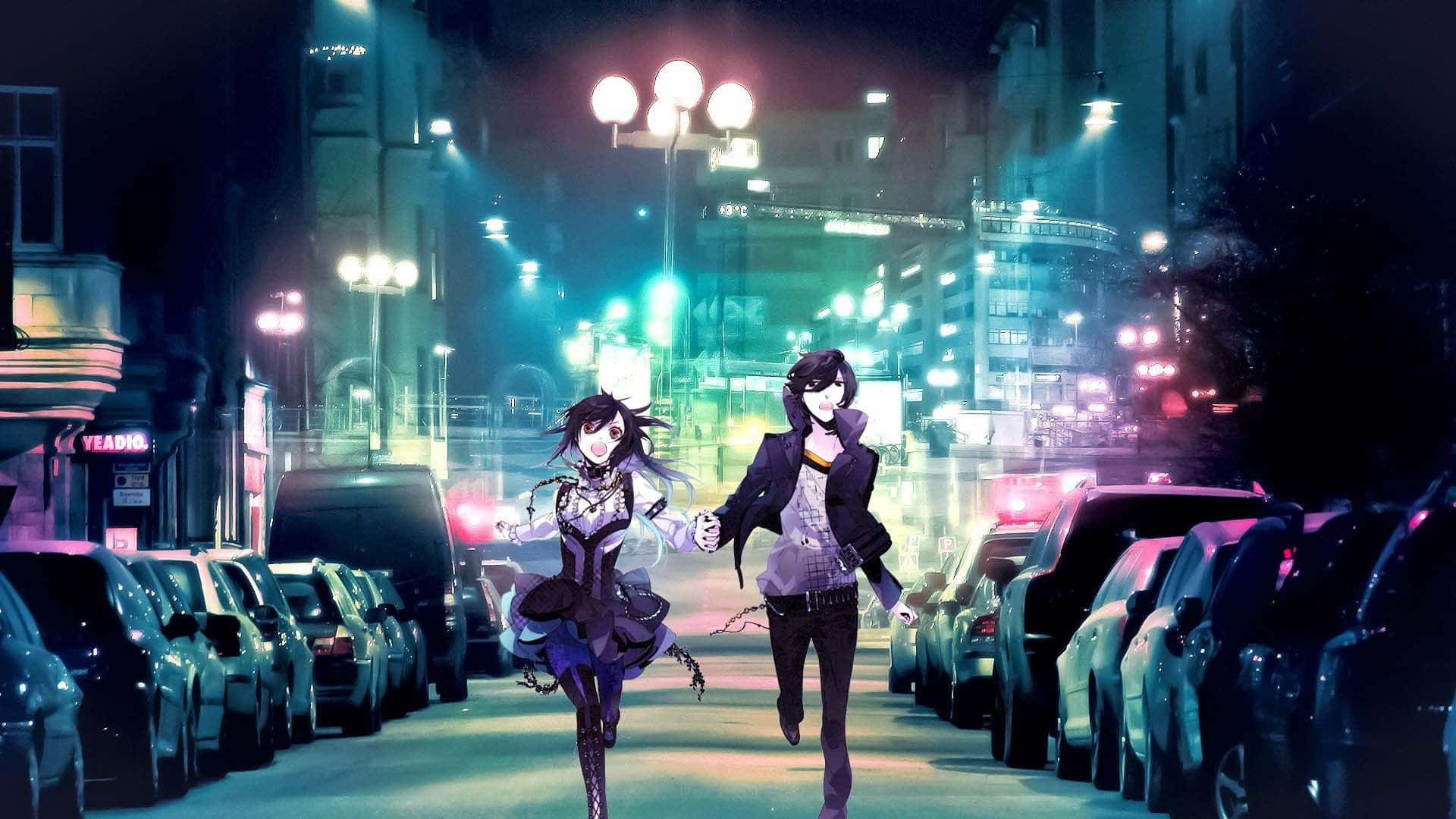 to anime-piger går ned ad en gade om natten Wallpapers
