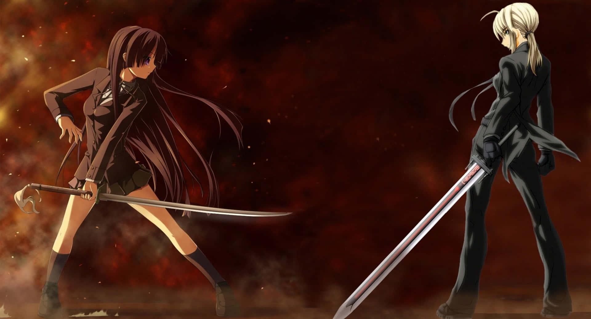 to anime-piger med sværd foran en ild Wallpapers
