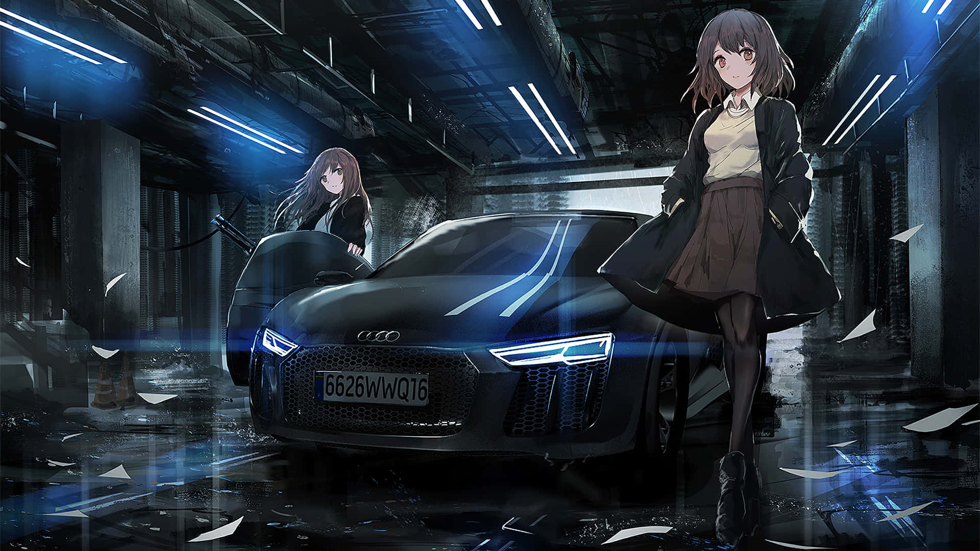 To animepiger stående ved siden af en bil Wallpapers