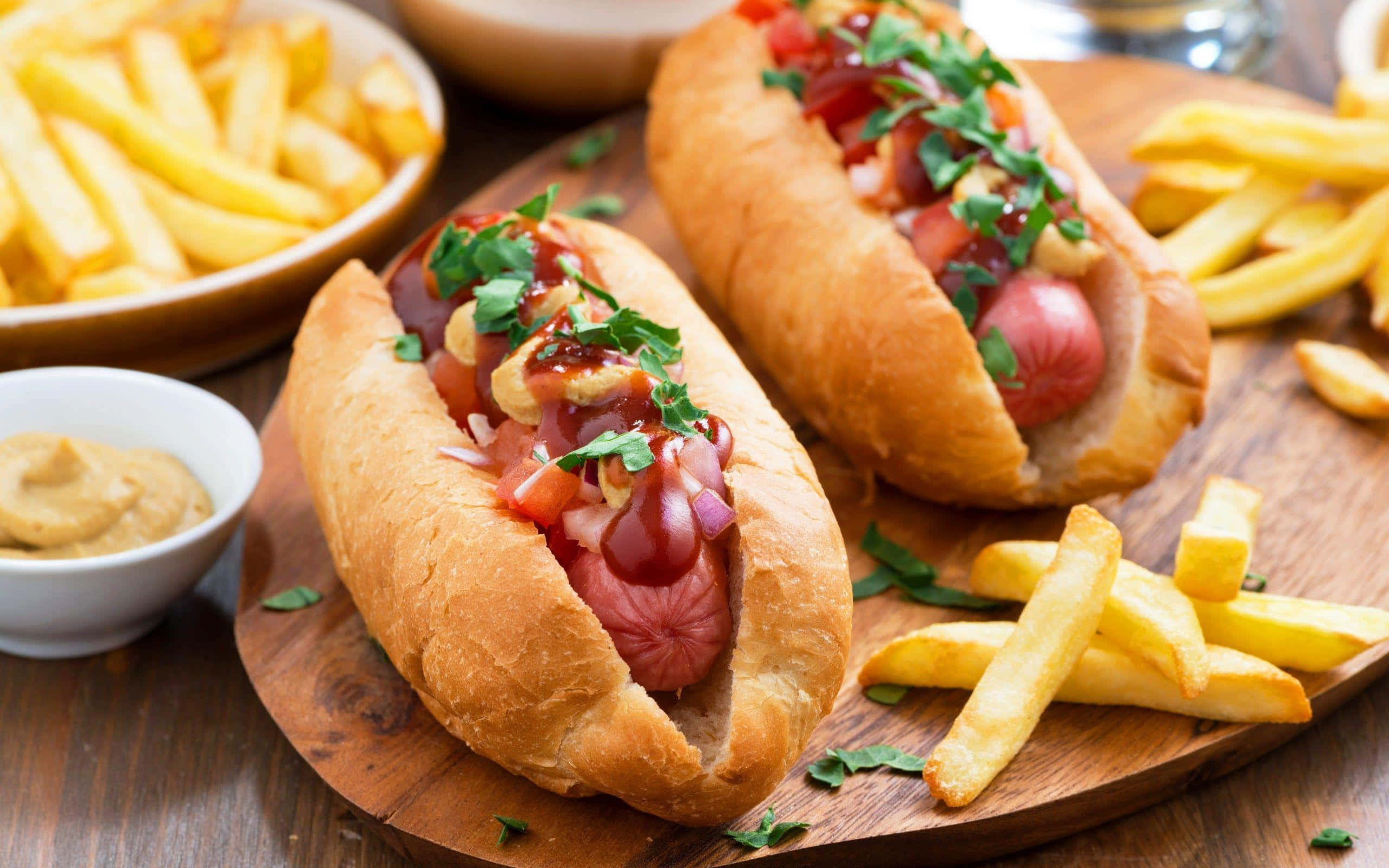 to hotdogs på et træbræt Wallpapers