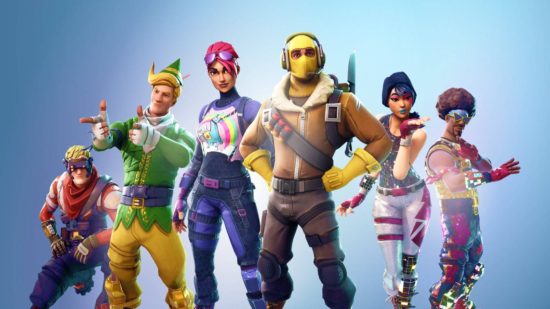 6 Fortnite-karakterer på blå ombre-baggrund HD wallpaper. — Fortnite Wallpapers