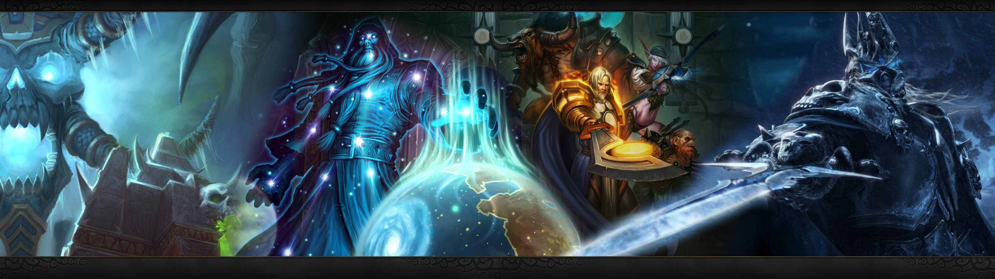 To World of Warcraft-karakterer i kamp på dobbeltskærm Wallpapers