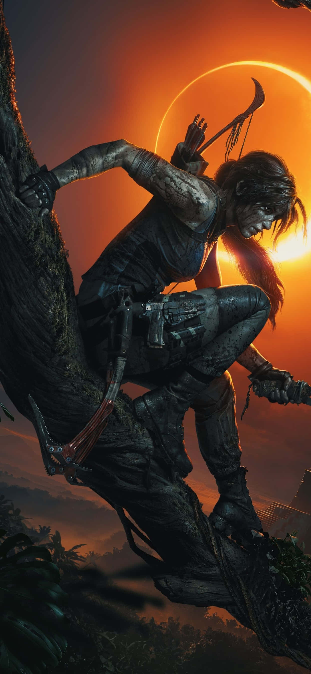 tomb raideren er i skoven med en sol bag sig Wallpapers