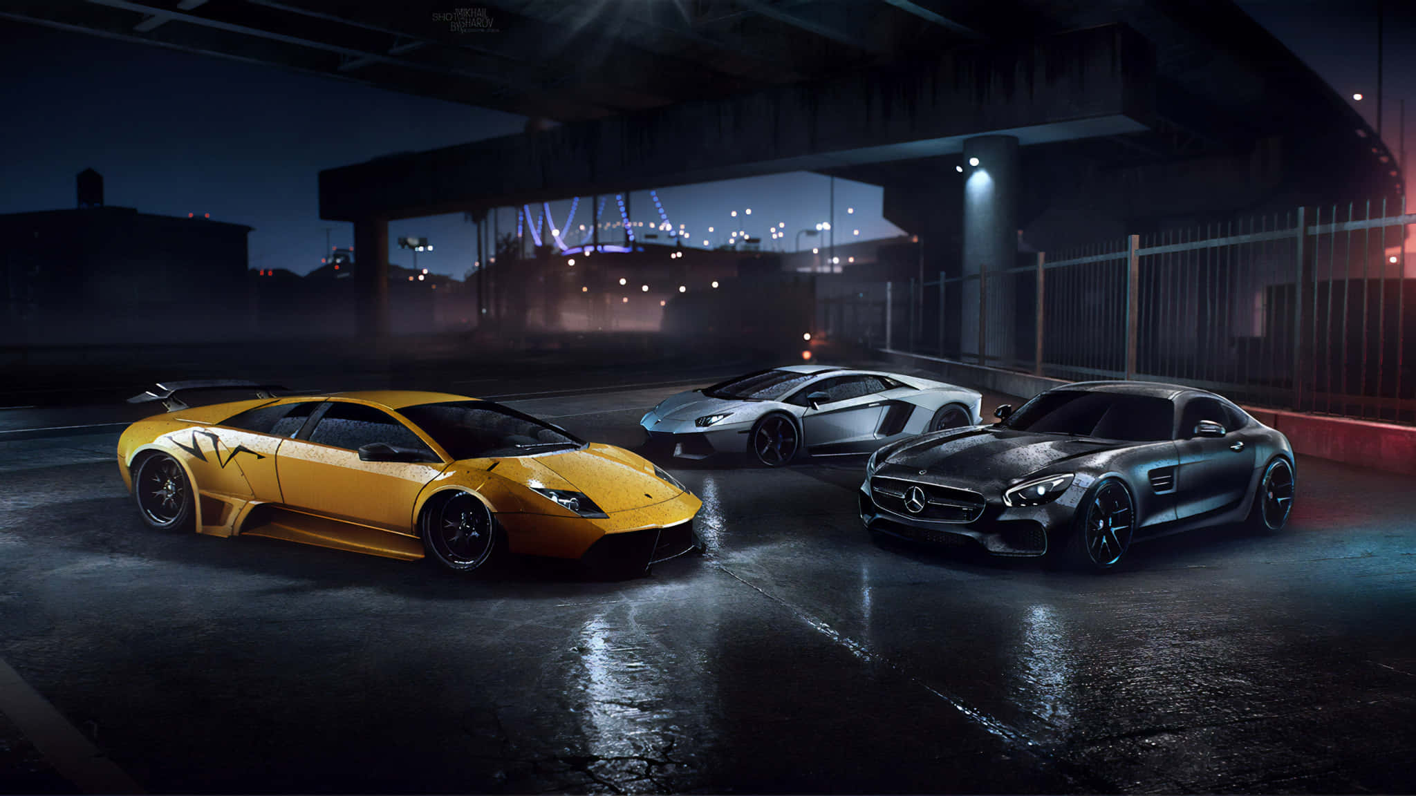 Tre biler parkeret på en parkeringsplads om natten Wallpapers