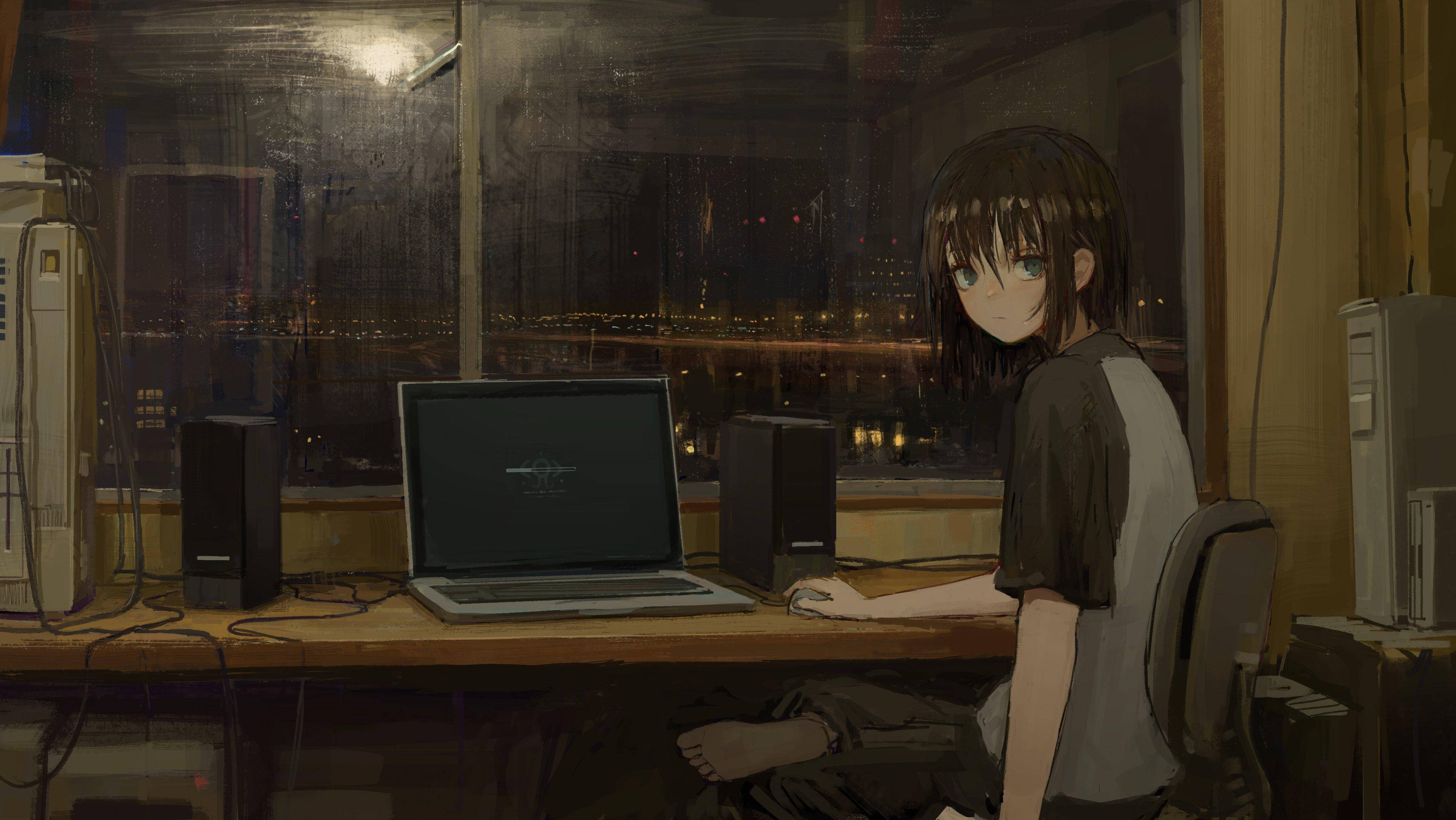 Trist æstetisk skrivebordsbaggrund med ensom anime-dreng Wallpapers
