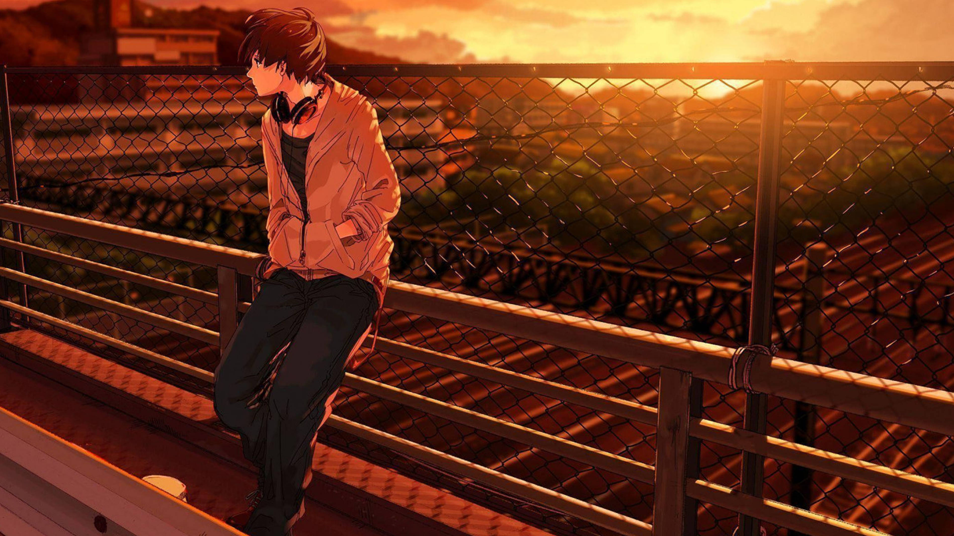 Trist anime 4K dreng med hovedtelefoner Wallpapers