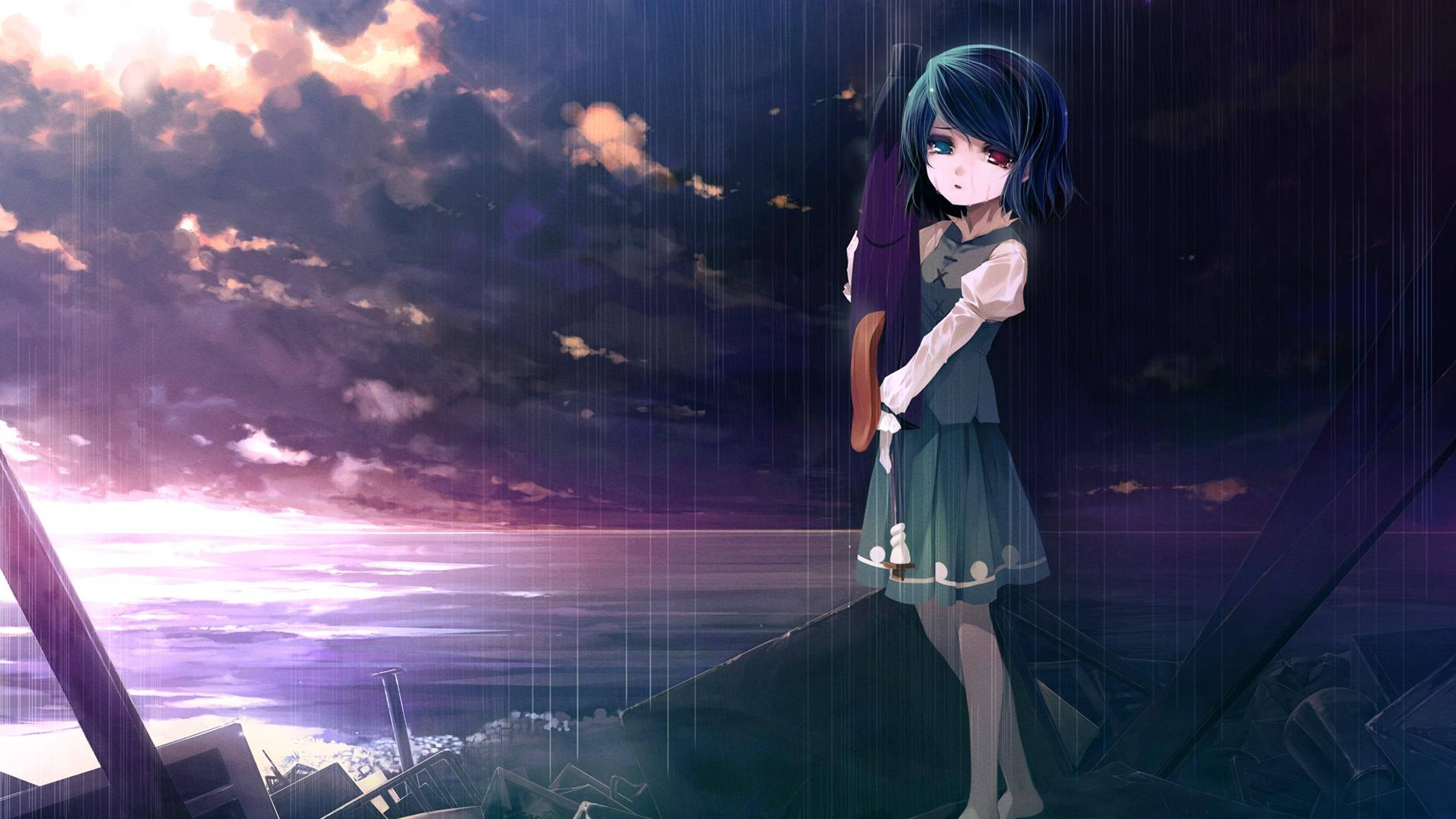 Trist Anime 4K Grædende Pige med Rødt Øje Wallpapers