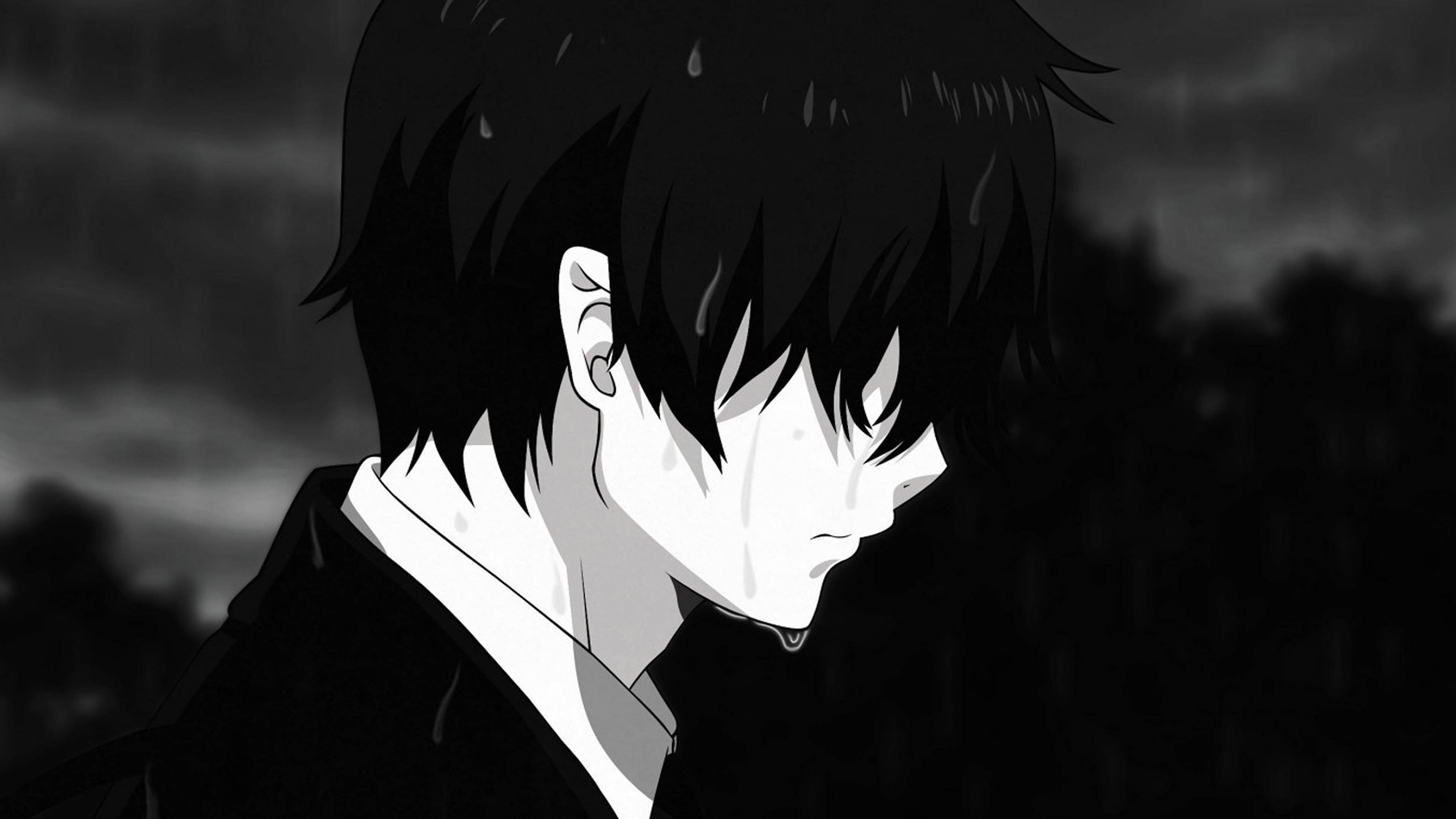 Trist anime 4K mand der græder i regnen Wallpapers