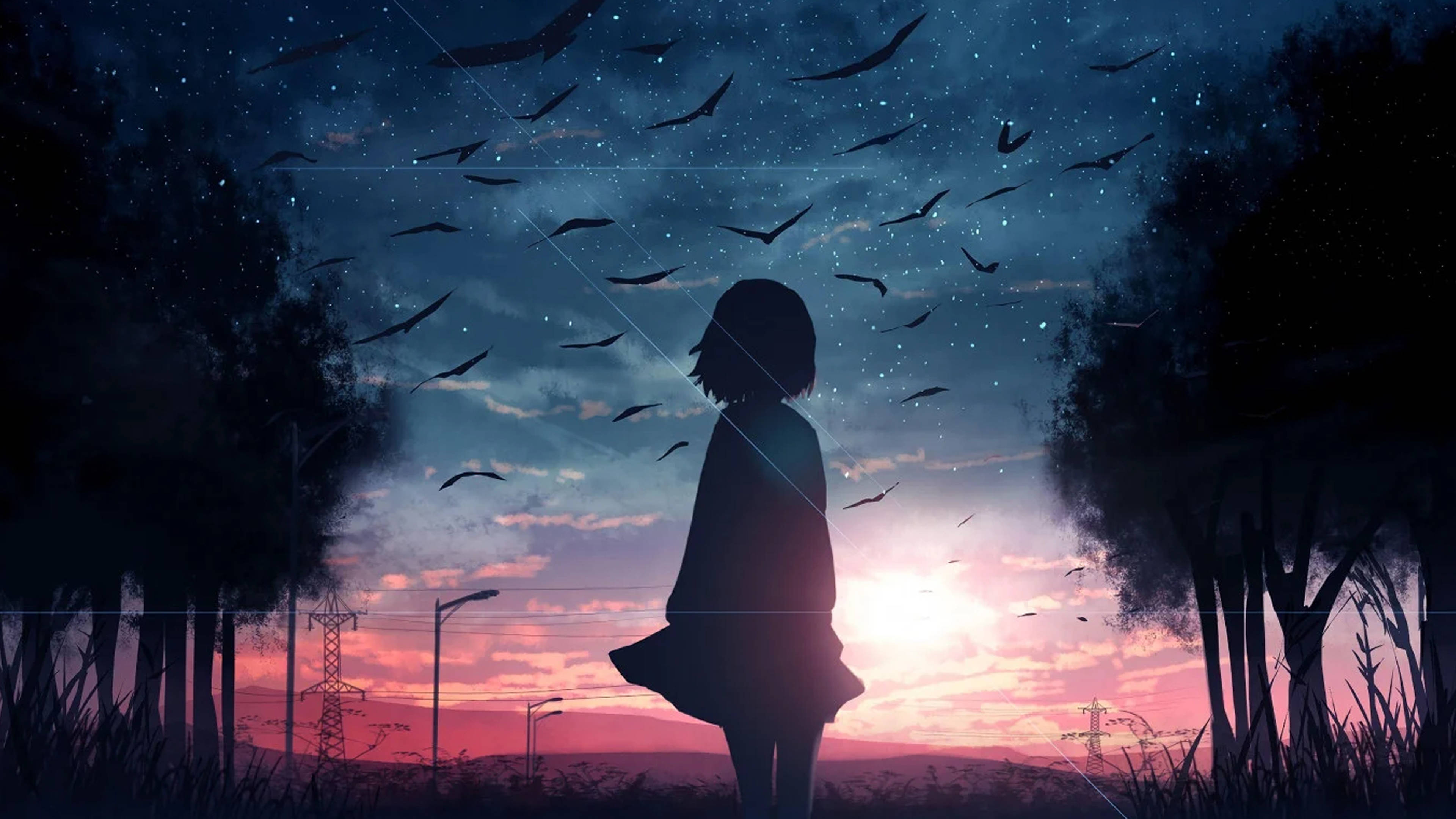 Trist anime 4K-pige ser mod himlen Wallpapers
