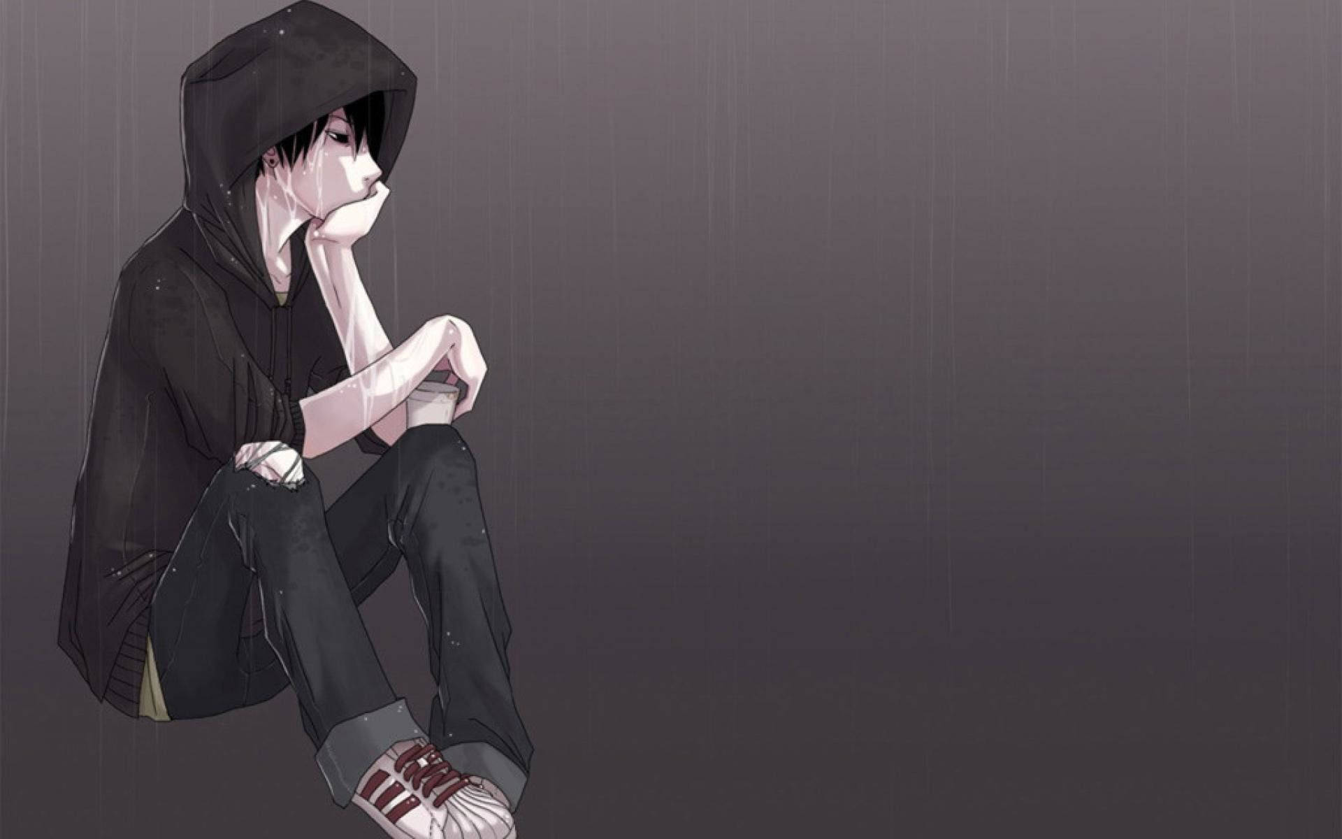 Trist anime æstetik med sort hættetrøje Wallpapers