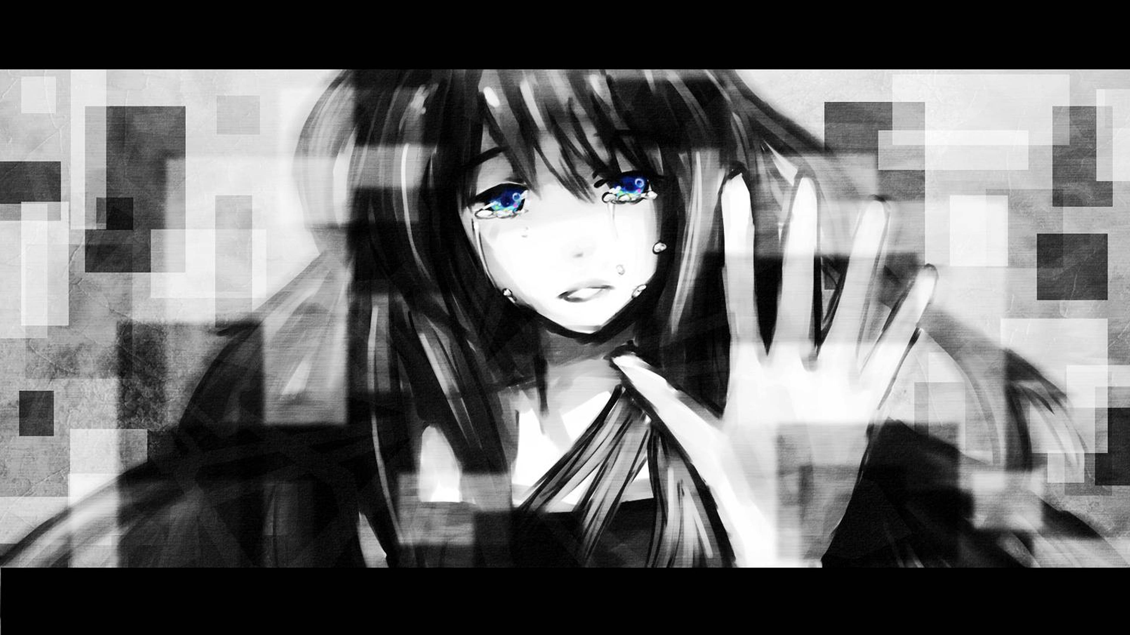 Trist animepige i 4K græder og rækker hånden op Wallpapers