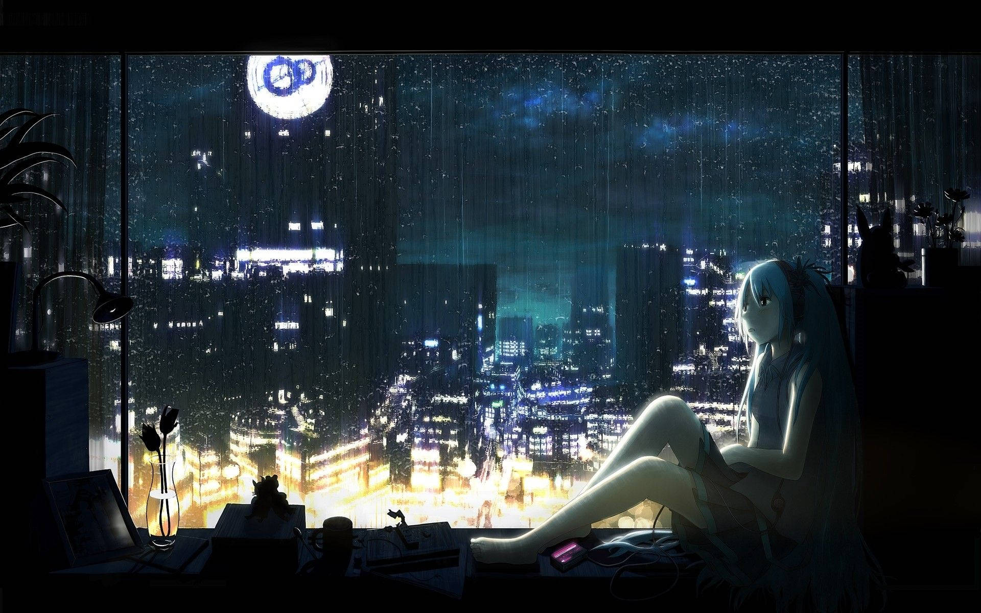 Trist animepige i vindue æstetik Wallpapers