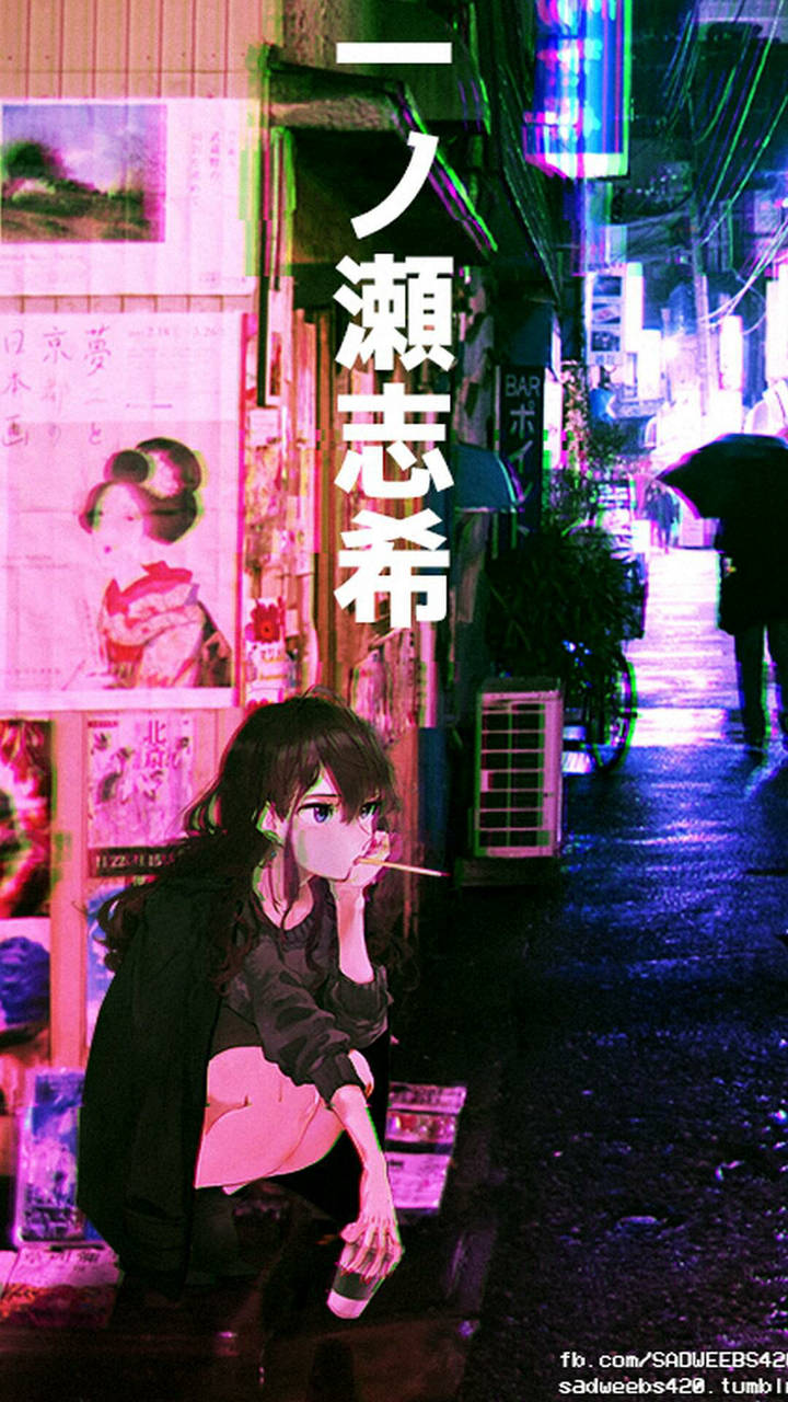 Trist animepige i japansk byæstetik Wallpapers