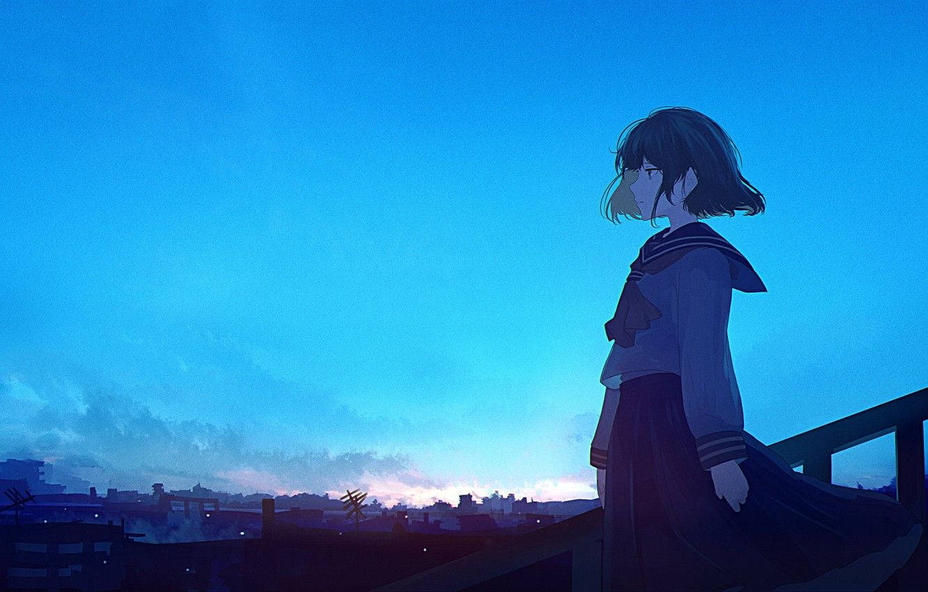 Trist gymnasiepige anime blå Wallpapers