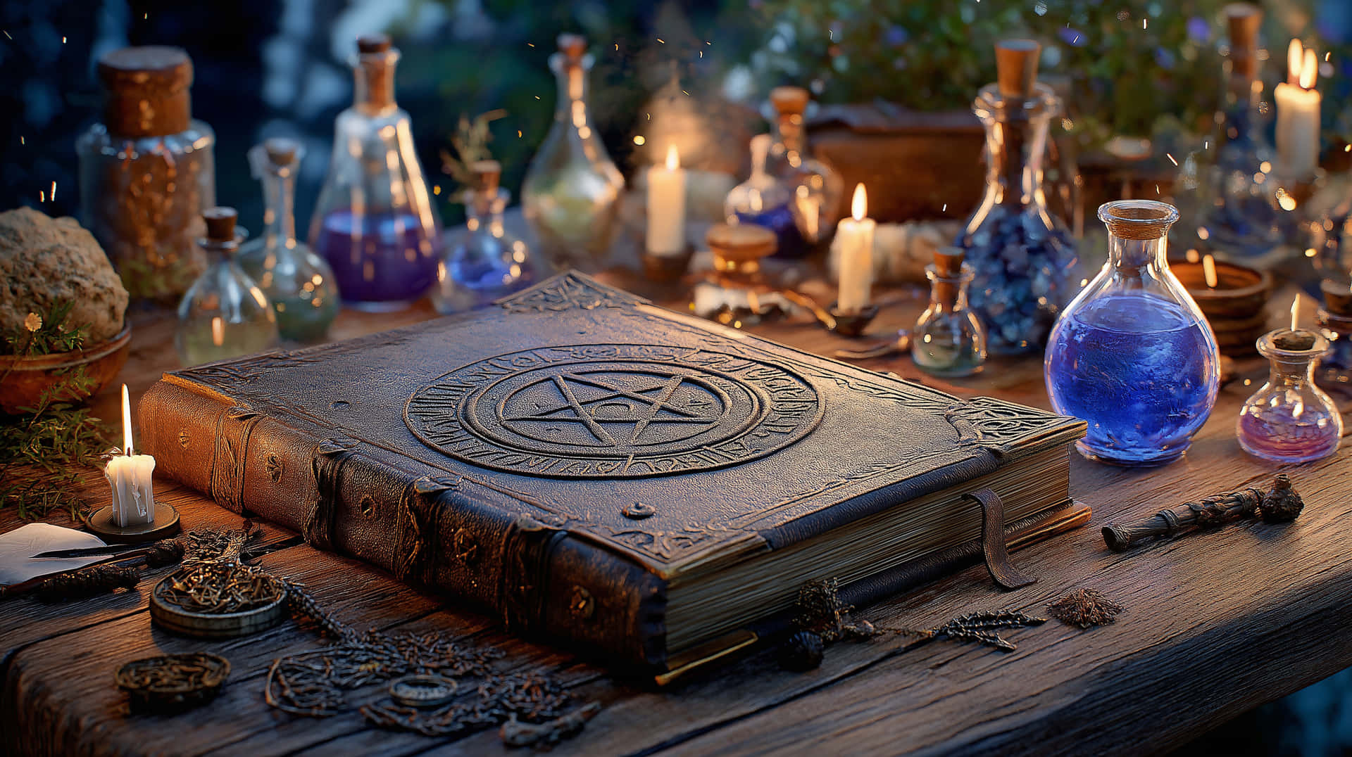grimoire, gammel, bog, magi, fantasy, mystisk, alkymi, antik, vintage, eliksir, timeglas, fjerpen, fortryllet, mørk akademisk, mystisk