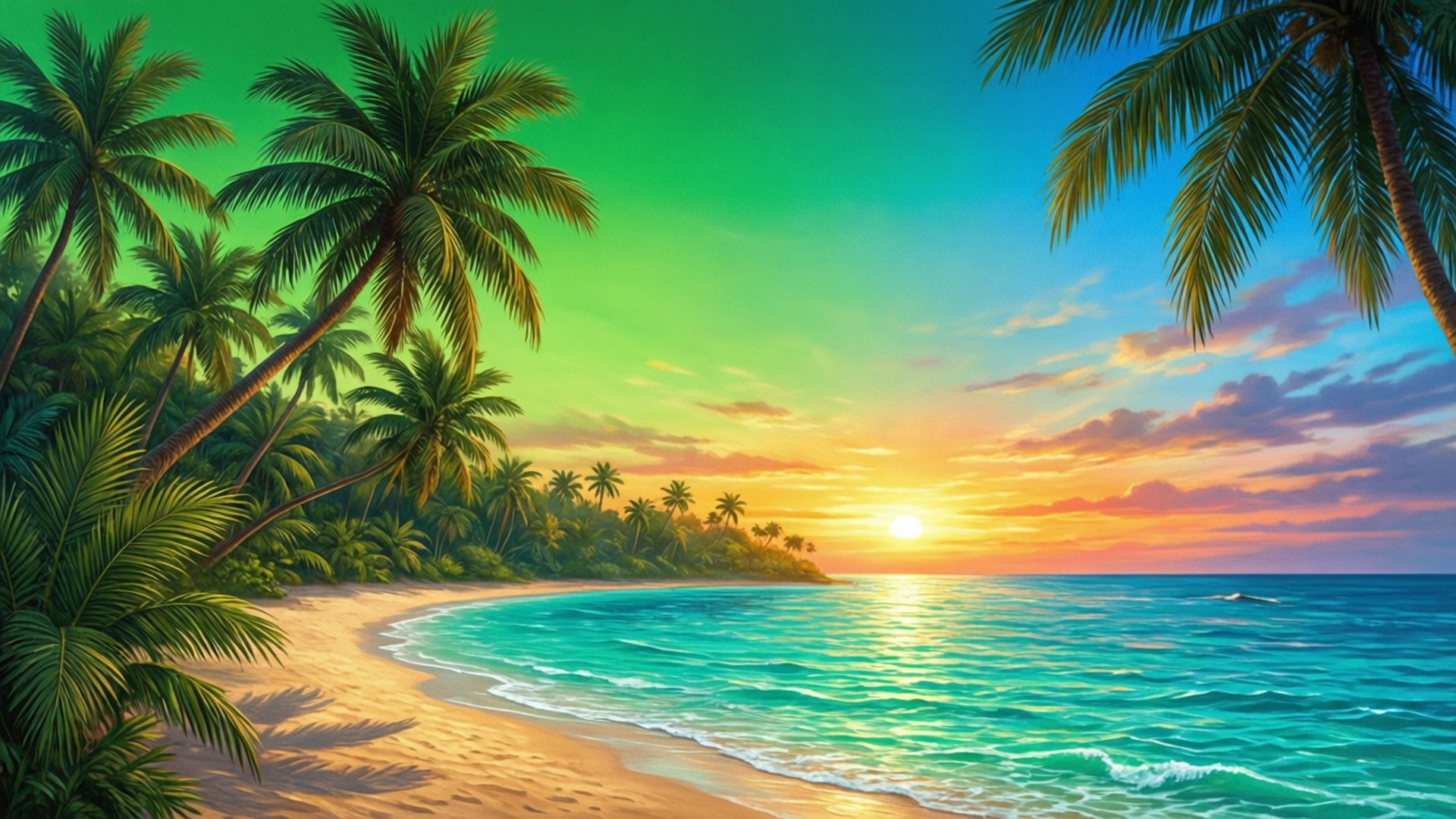 Tropisk strand med grøn himmel Wallpapers