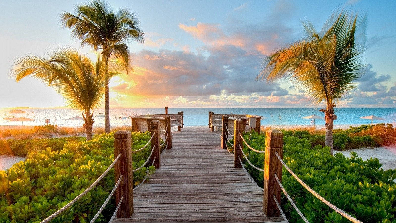 Træstrandpromenade, der fører op til en indbydende horisont Wallpapers