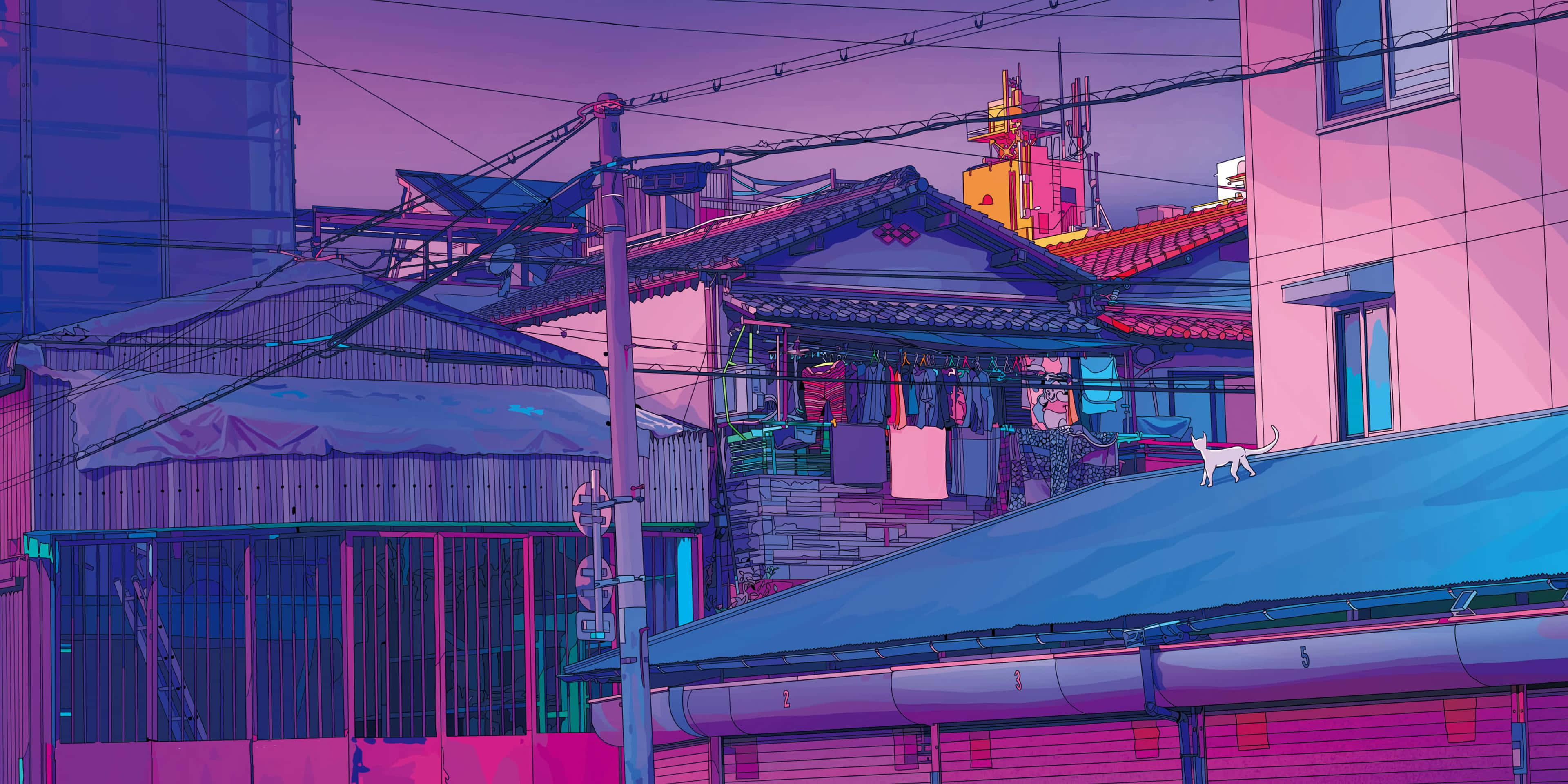 Udforsk de farverige gader i Anime City! Wallpapers