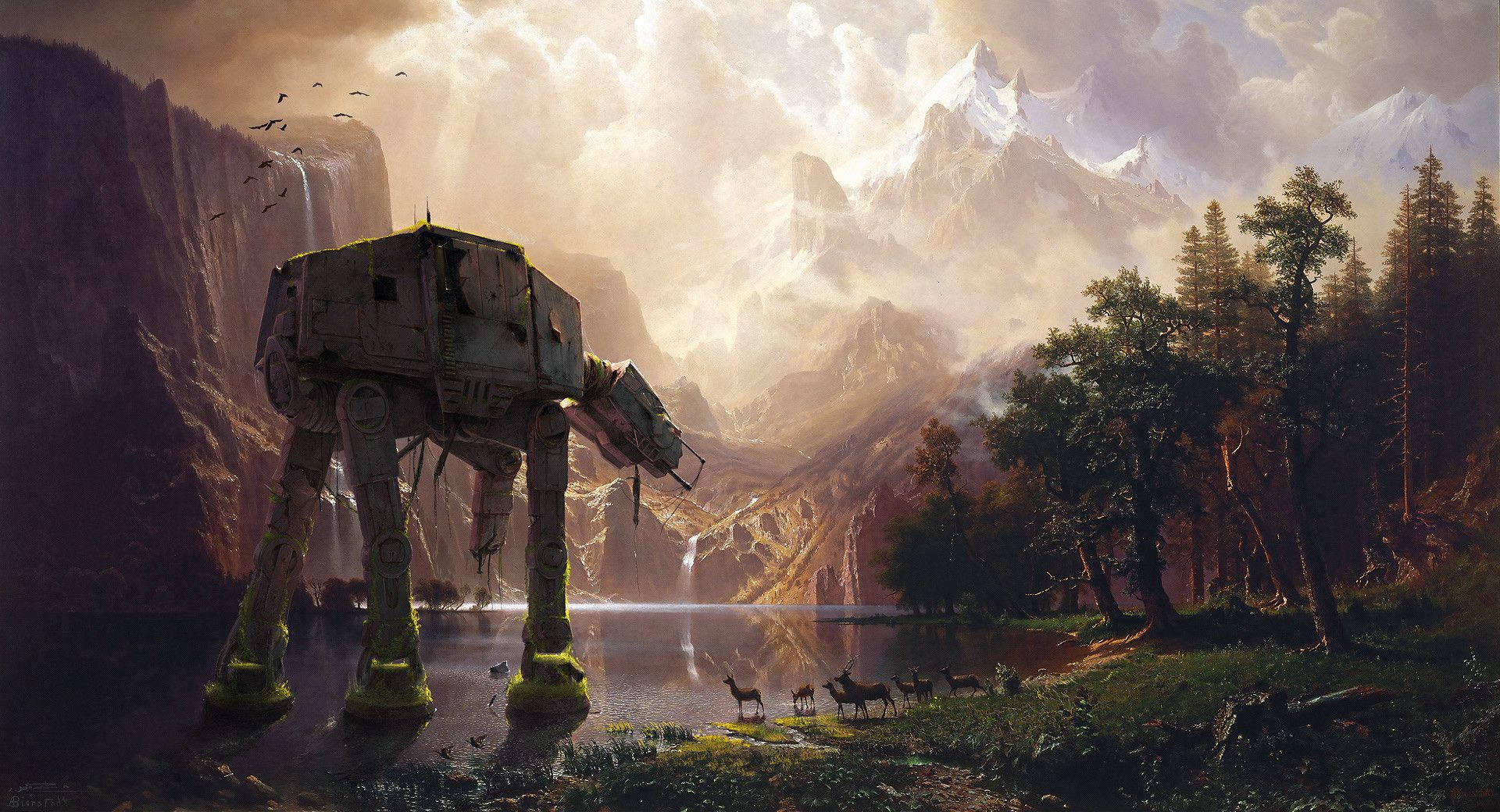 Star Wars-baggrundsbillede af en dinosaurrobot, der går på et bjerg med hjorte og træer — Star Wars Wallpapers