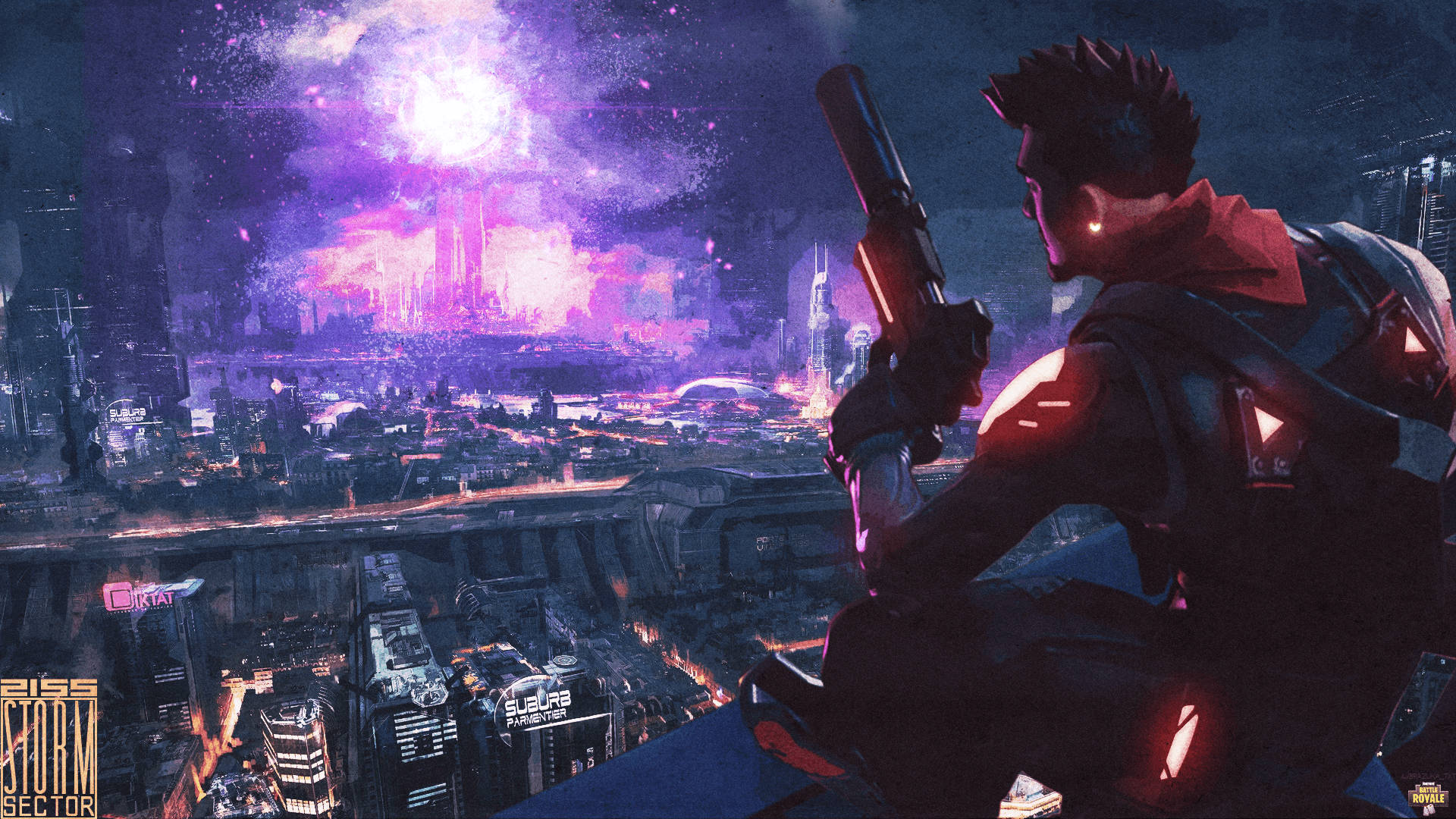 En karakter fra Fortnite-spillet holder en pistol og nyder en aftenudsigt HD wallpaper. — Fortnite Wallpapers