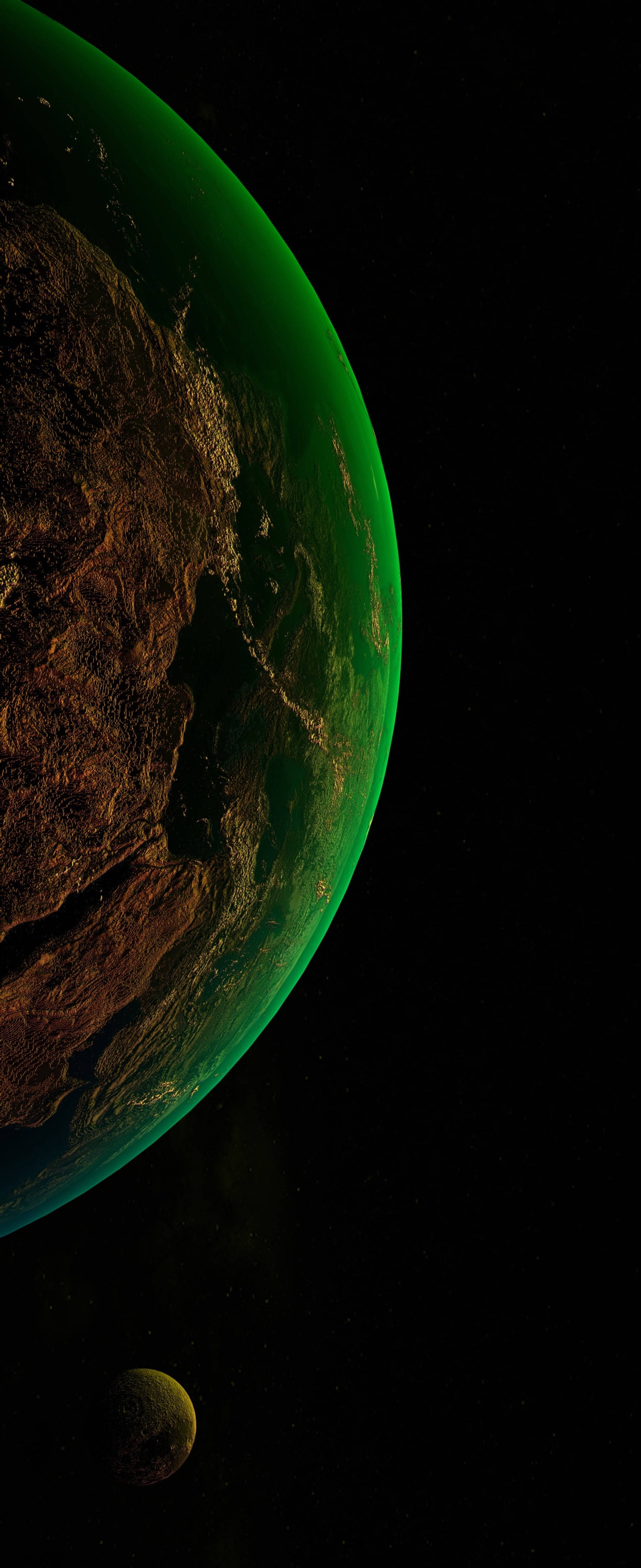 Udsigt over en isoleret planet, oplyst af lys, der reflekteres fra en iPhone Xs Wallpapers