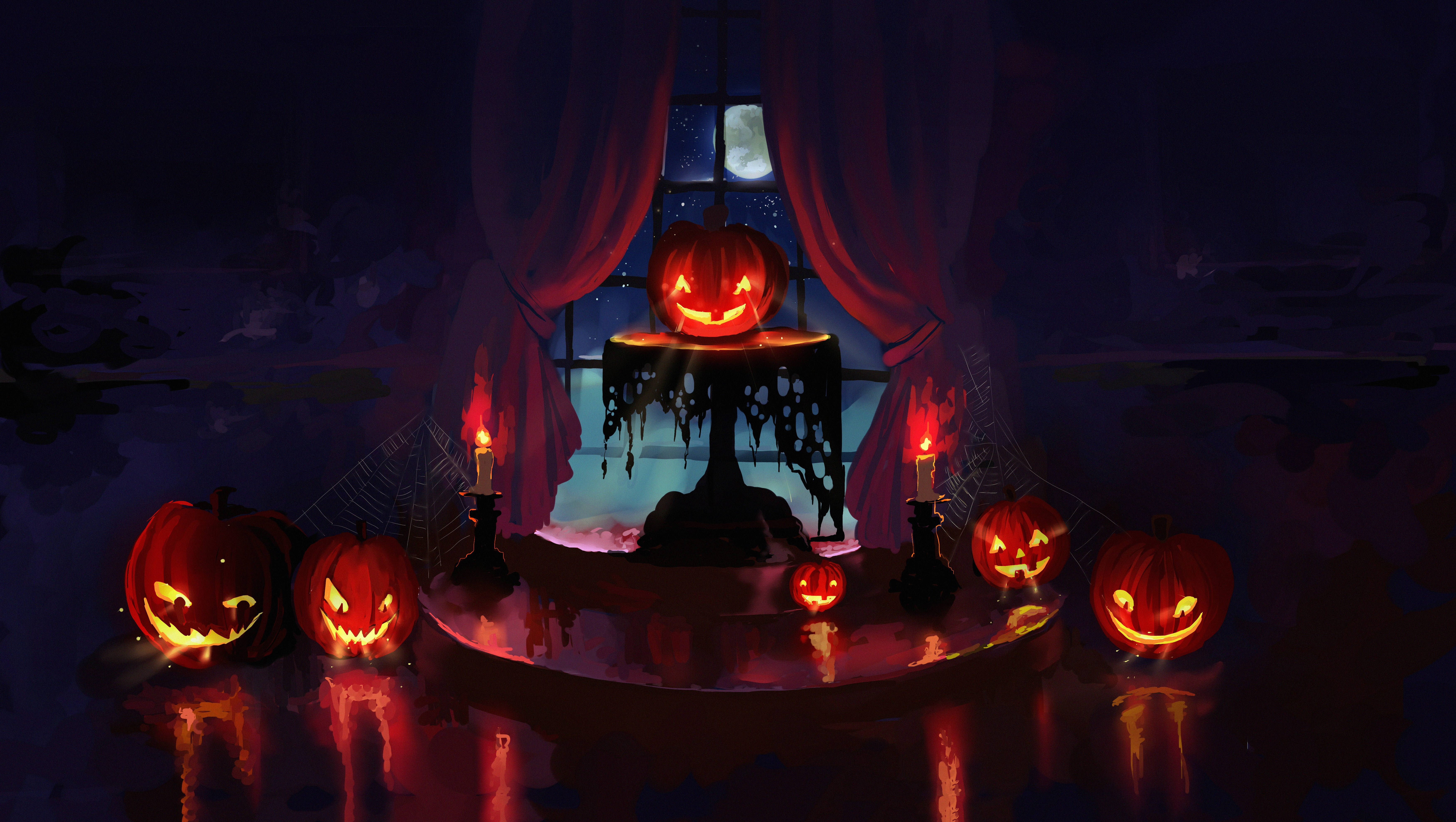 Uhyggelig Halloween-scene med græskar og lys Wallpapers