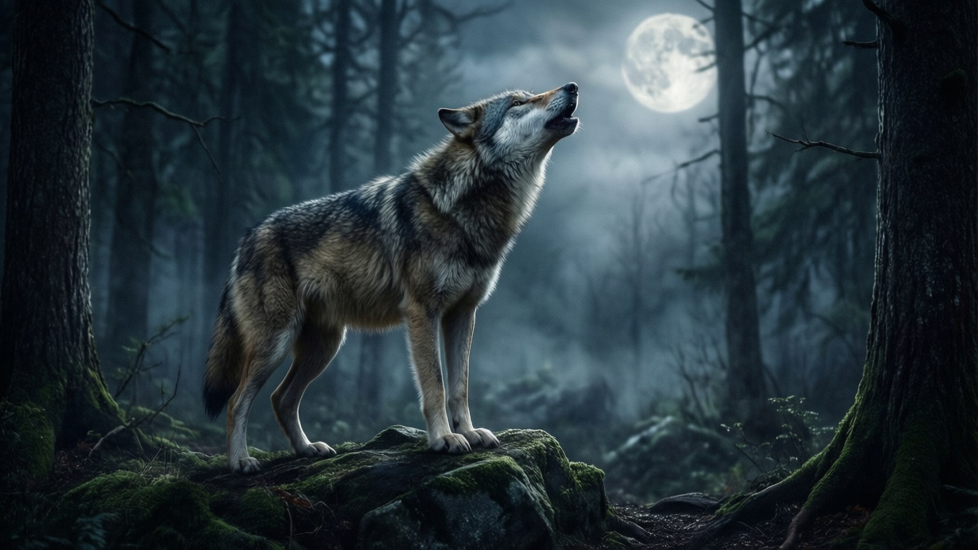 Ulv der hyler i mørk skov Wallpapers