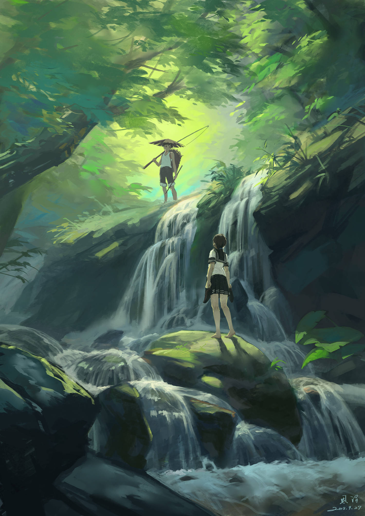 Vandfald jungle dreng og pige kunst Wallpapers