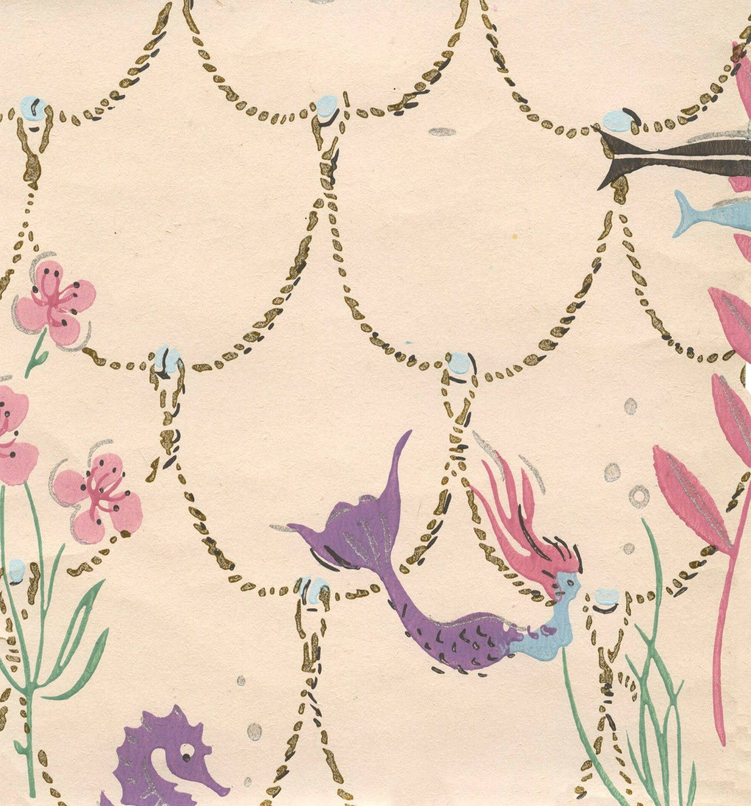 Havfrue vintage undervands lyserød plakatkunst baggrund. — Havfrue Wallpapers