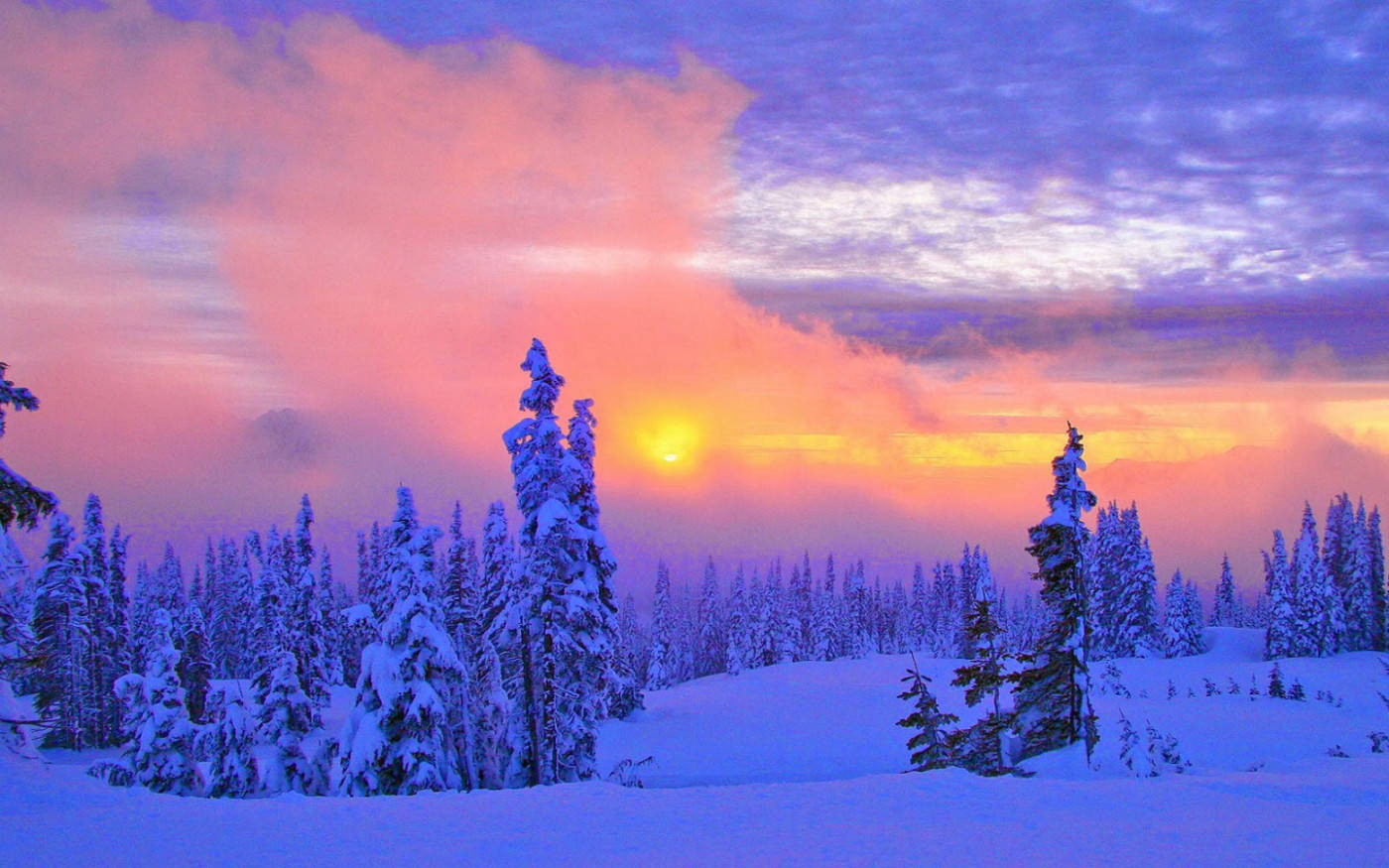 Vinterscene med intens solnedgang Wallpapers