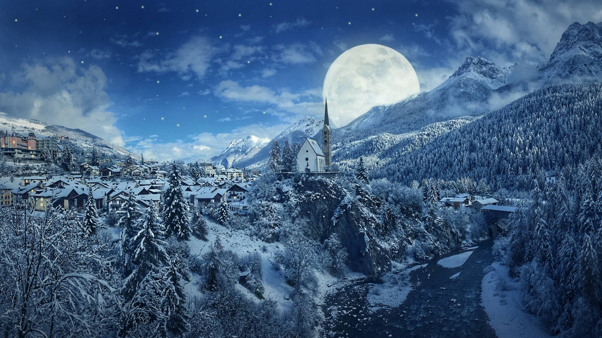 Vinteræstetik med stor måne og landsby Wallpapers