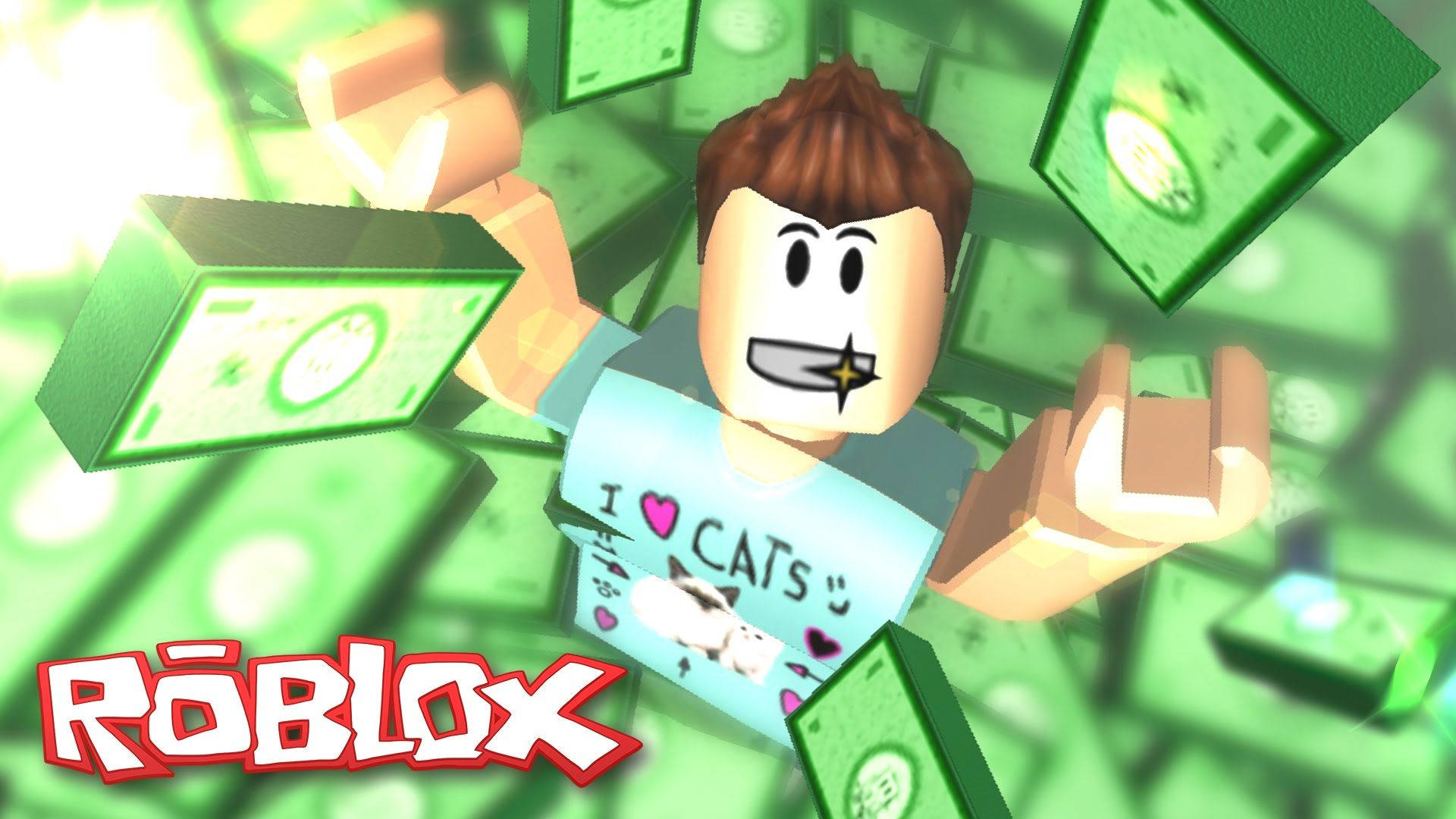 Flot baggrund af Roblox-avatar af en rig mand med sine penge. — Roblox Wallpapers