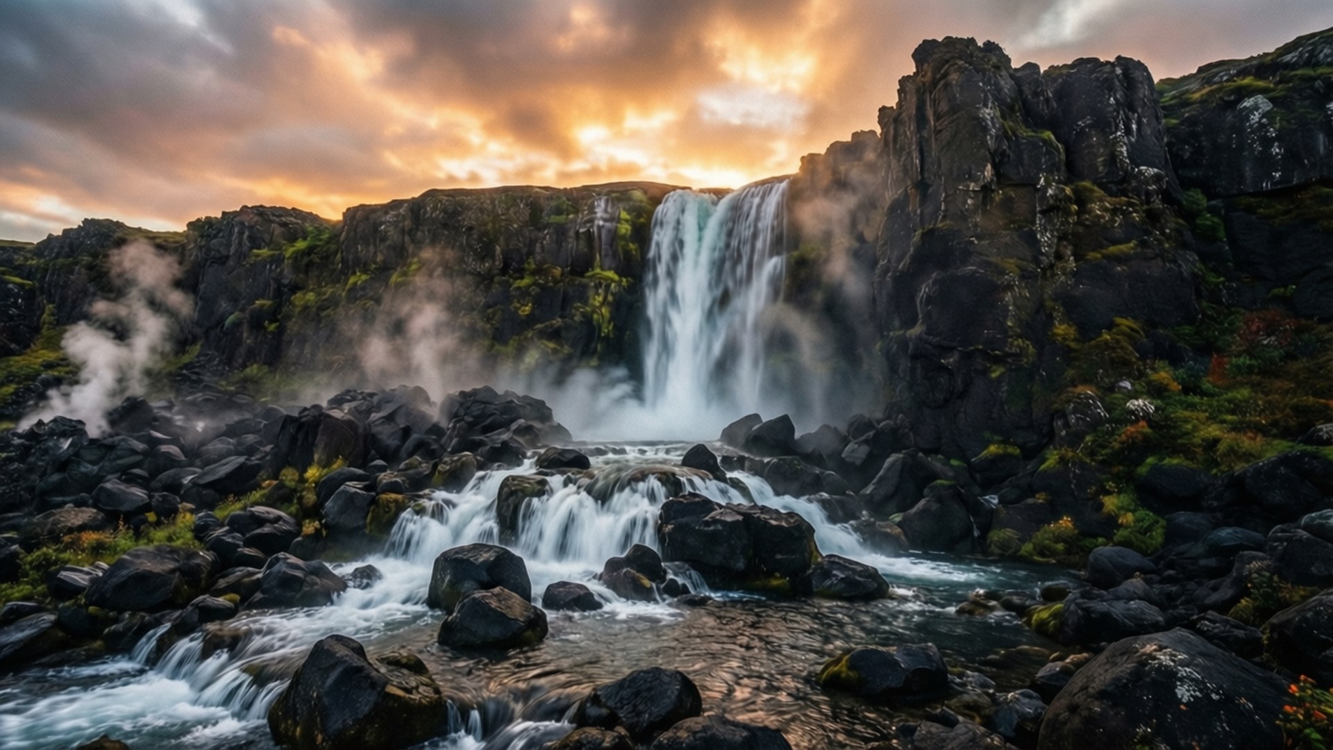 Vulkaniske varme kilder med vandfald Wallpapers