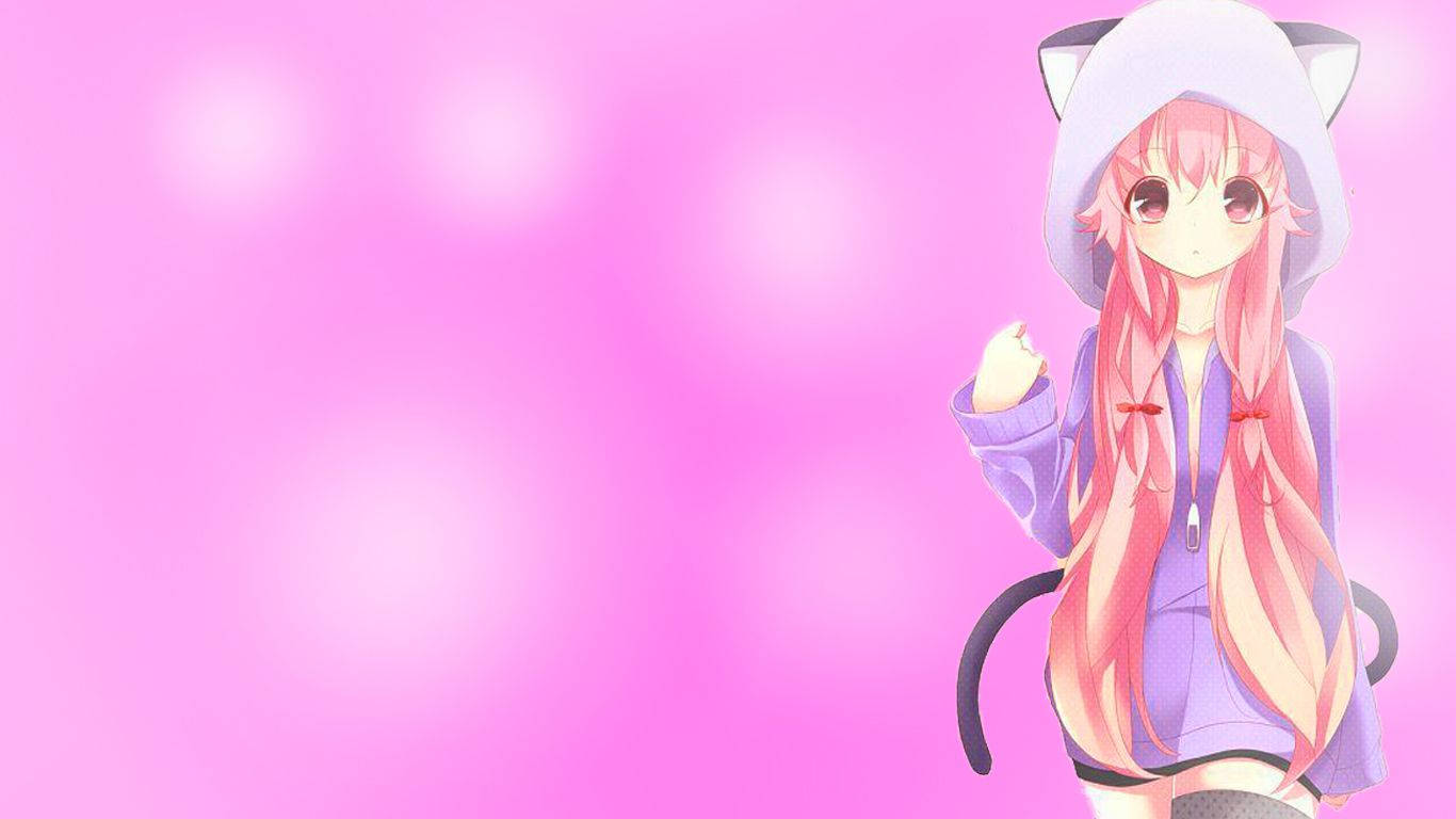 Yuno Gasai med hættetrøje på sød lyserød baggrund Wallpapers