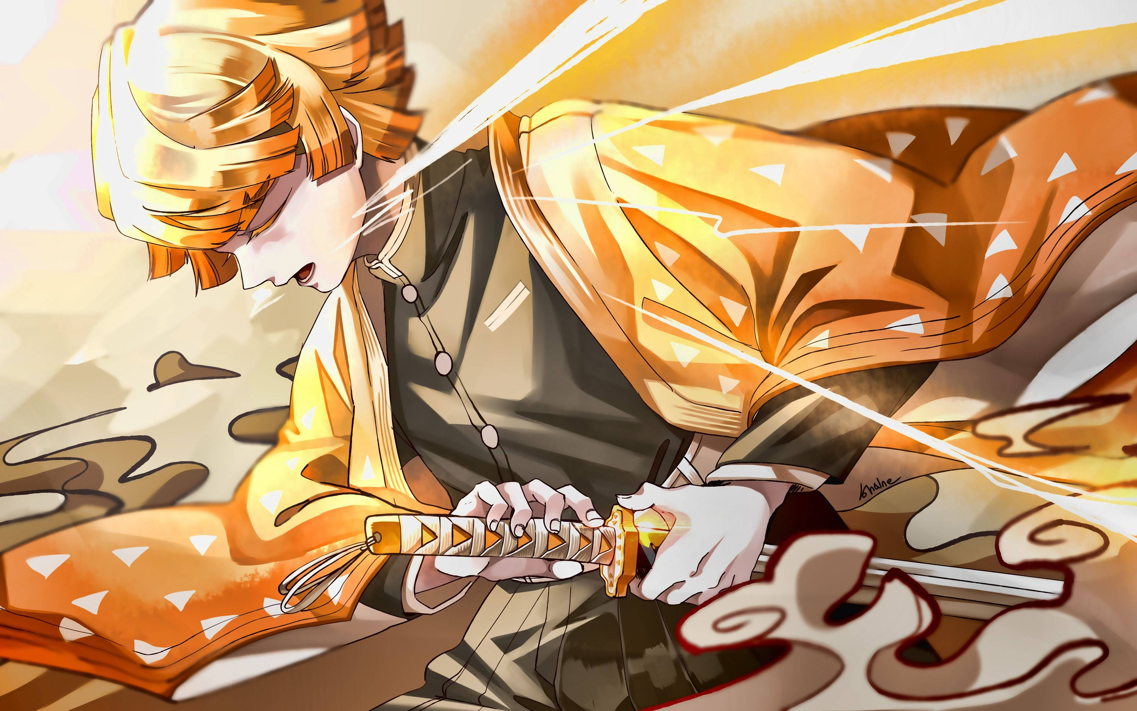 Zenitsu Agatsuma udløser sin tordenåndedrætskraft i Demon Slayer Wallpapers