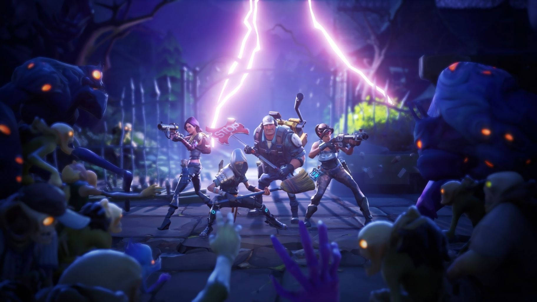Zoom ind på Fortnites intense kampe mellem zombiehære og modige hold Wallpapers