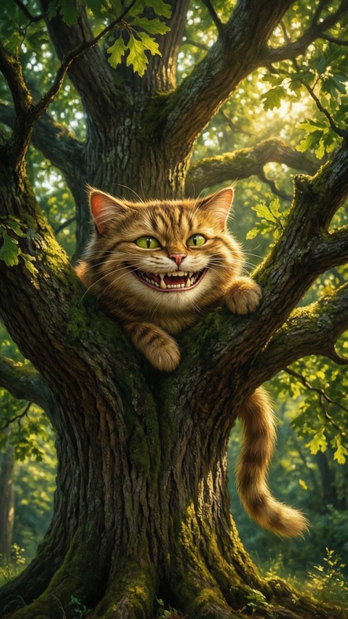 Realistisk Cheshire-kat, der griner i et solbeskinnet egetræ.
