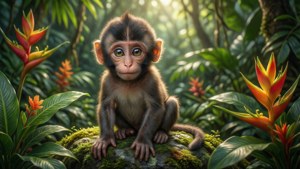 Sød lille abeunge siddende på en mosbegroet sten i en tropisk jungle med blødt sollys — Sød abe Wallpapers