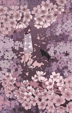 Æstetisk lyserød animepige med kat — Galaxy Tab Active Wallpapers