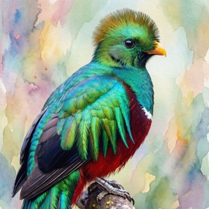 En quetzal i akvarelstil med blød abstrakt baggrund, elegant og kunstnerisk. — Pixel Watch 4 Wallpapers