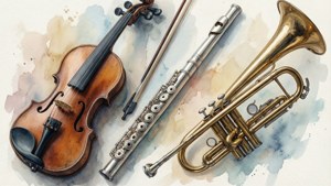 Kunstnerisk akvarelcollage af violin, fløjte, trompet i pastelfarver. — Musik æstetik Wallpapers