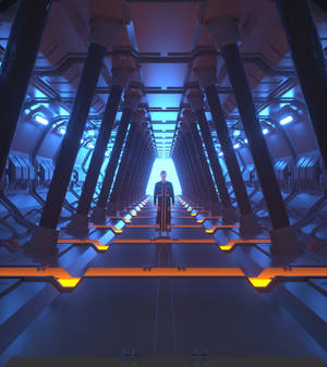 Wallpaper med indre i et rumskib fra rummet og en person indeni — Oppo Find N Wallpapers